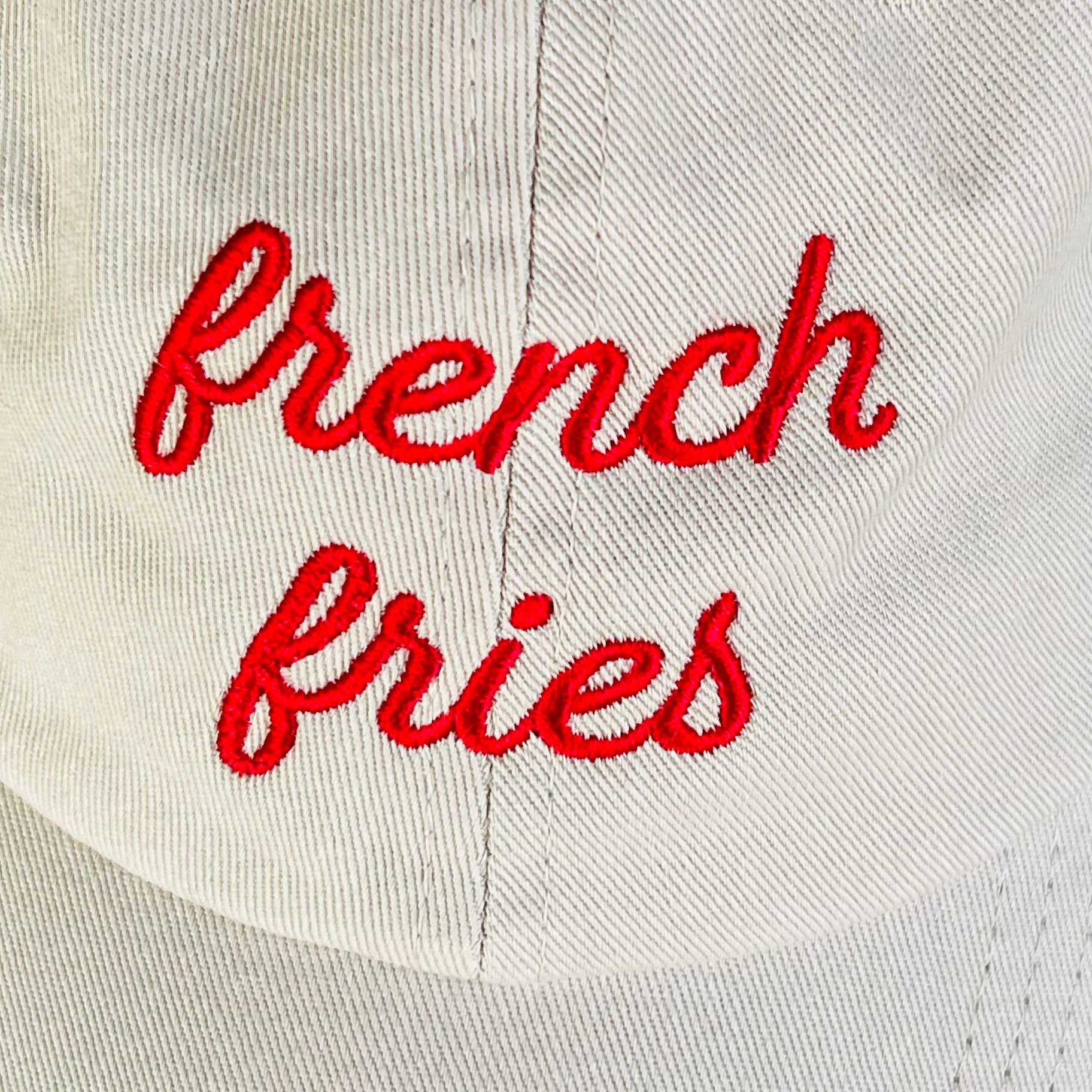 French Fries foodie Basebal Dad Hat close up of embroiddery