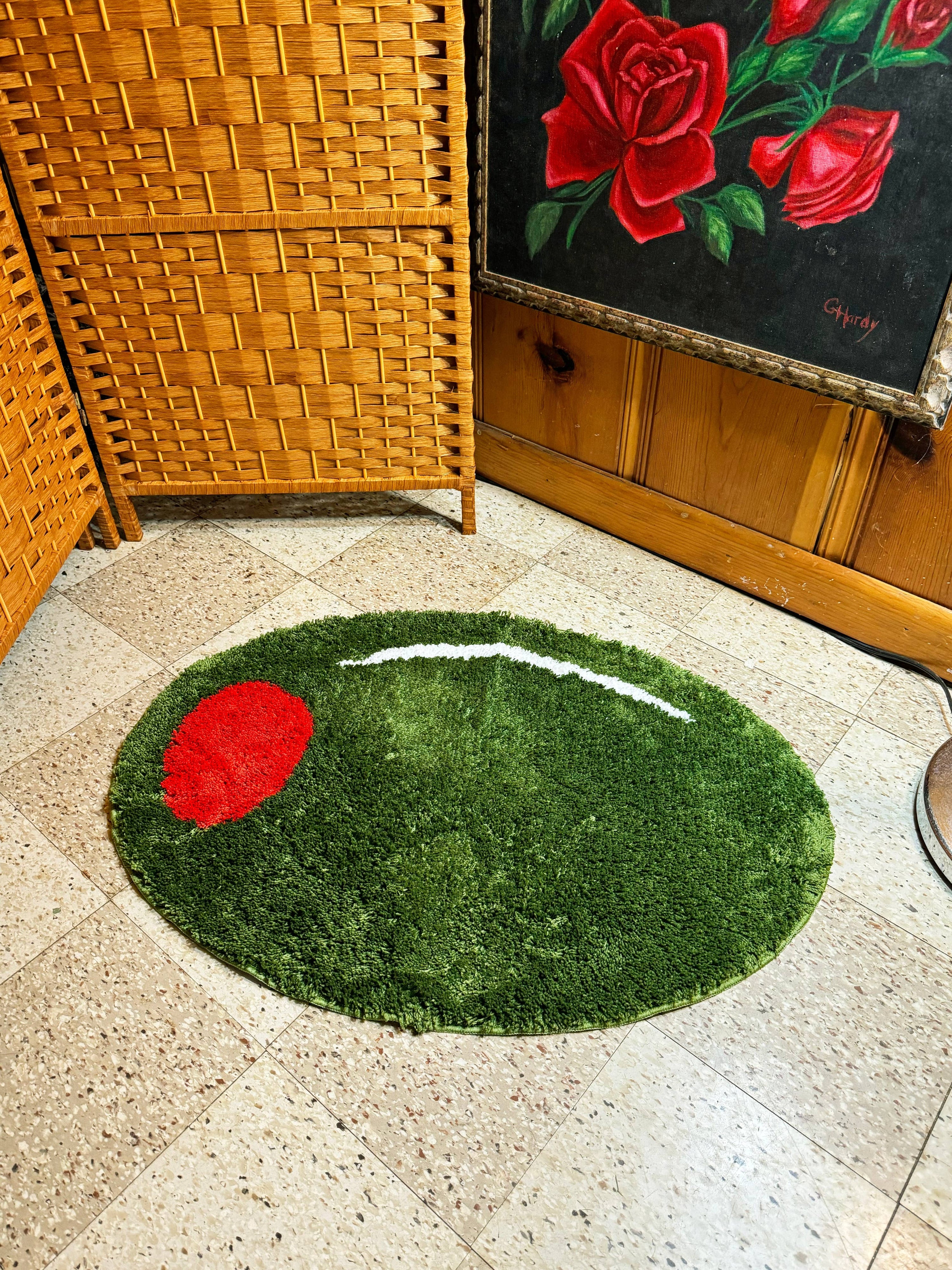 Olive themed Rug on tile floor