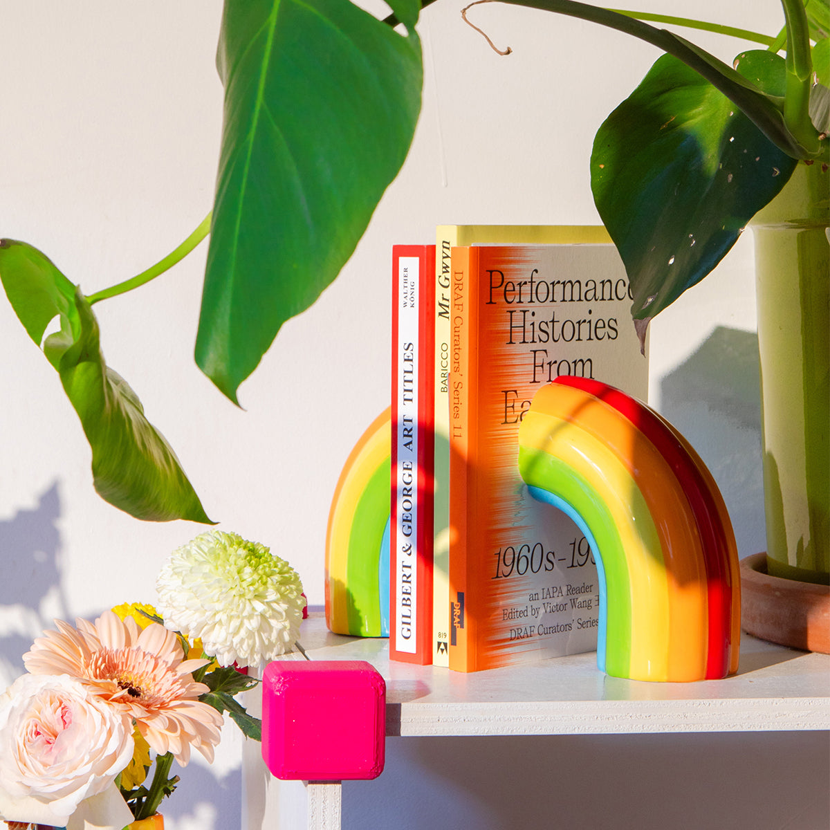 Rainbow-Bookend-holding-books-with-a-plant