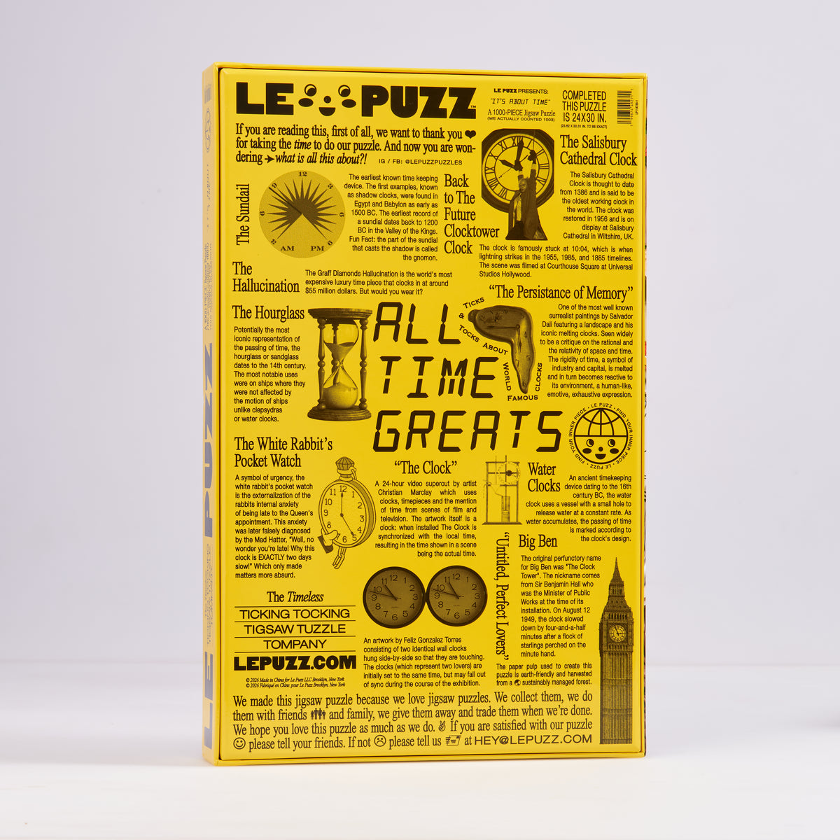 Back of the yellow It’s About Time puzzle box featuring “All Time Greats” and facts about famous clocks.
