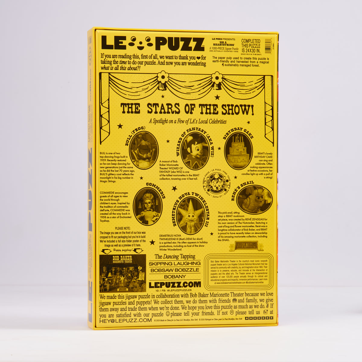 Back of the On a Heartstring puzzle box featuring “The Stars of the Show” and Bob Baker puppet portraits.