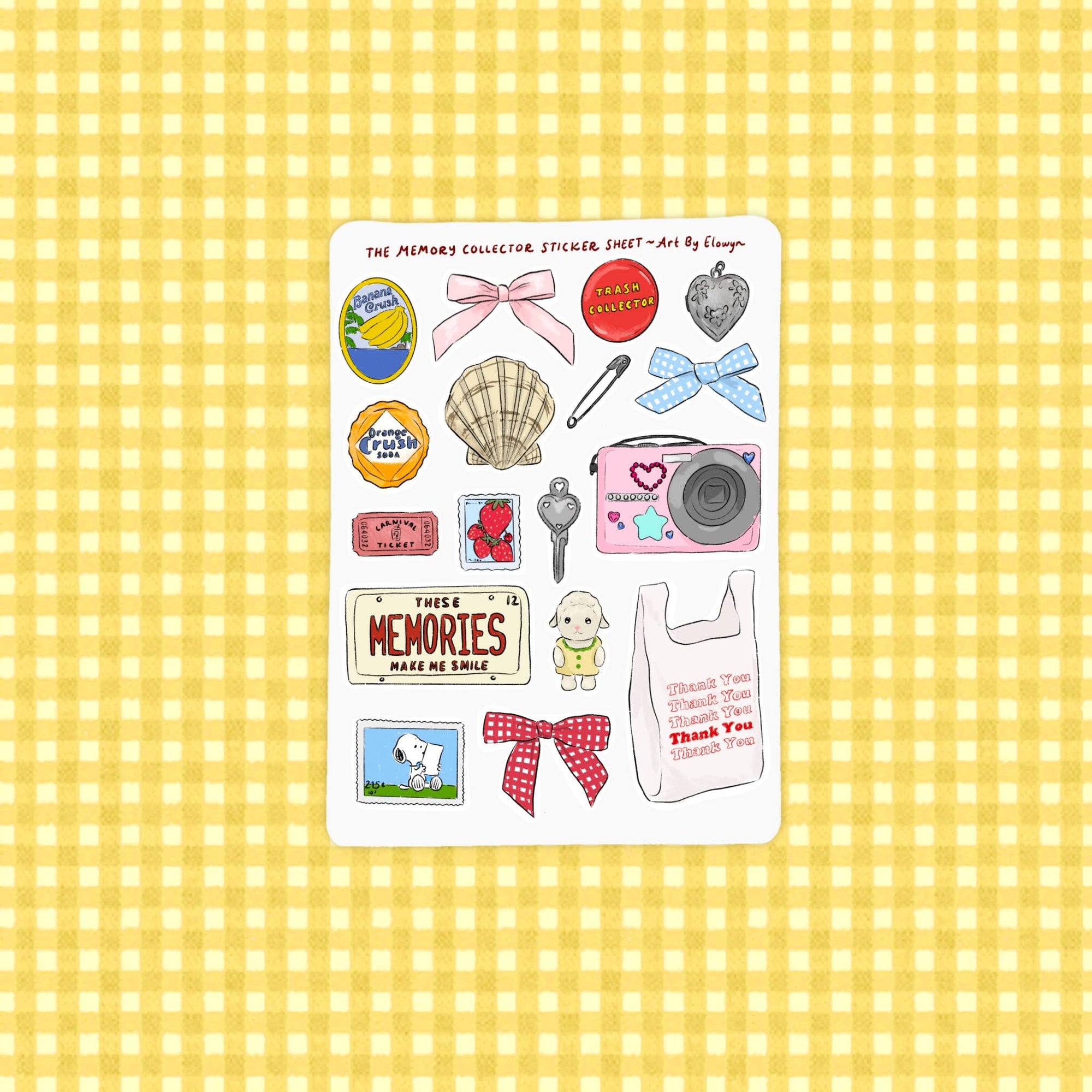 Collection of colorful stickers on a yellow checkered background