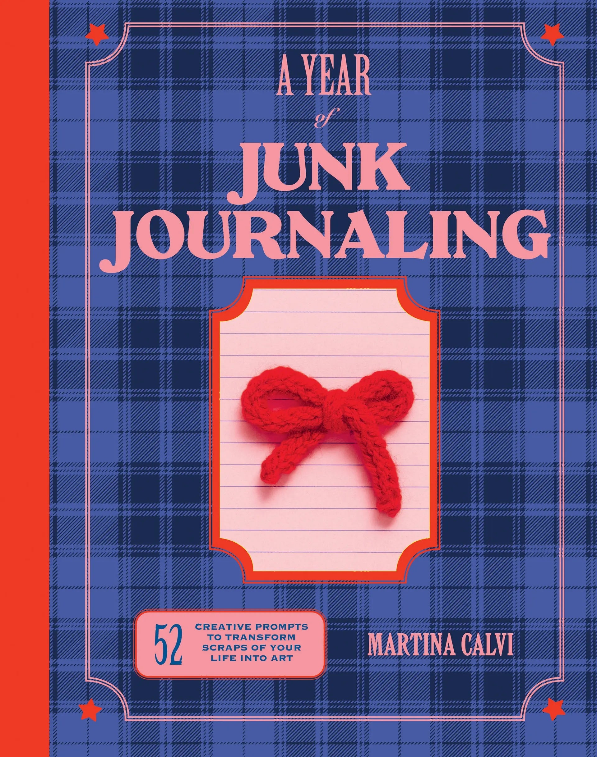 Book cover of 'A Year of Junk Journaling' with a red bow design on a blue plaid background