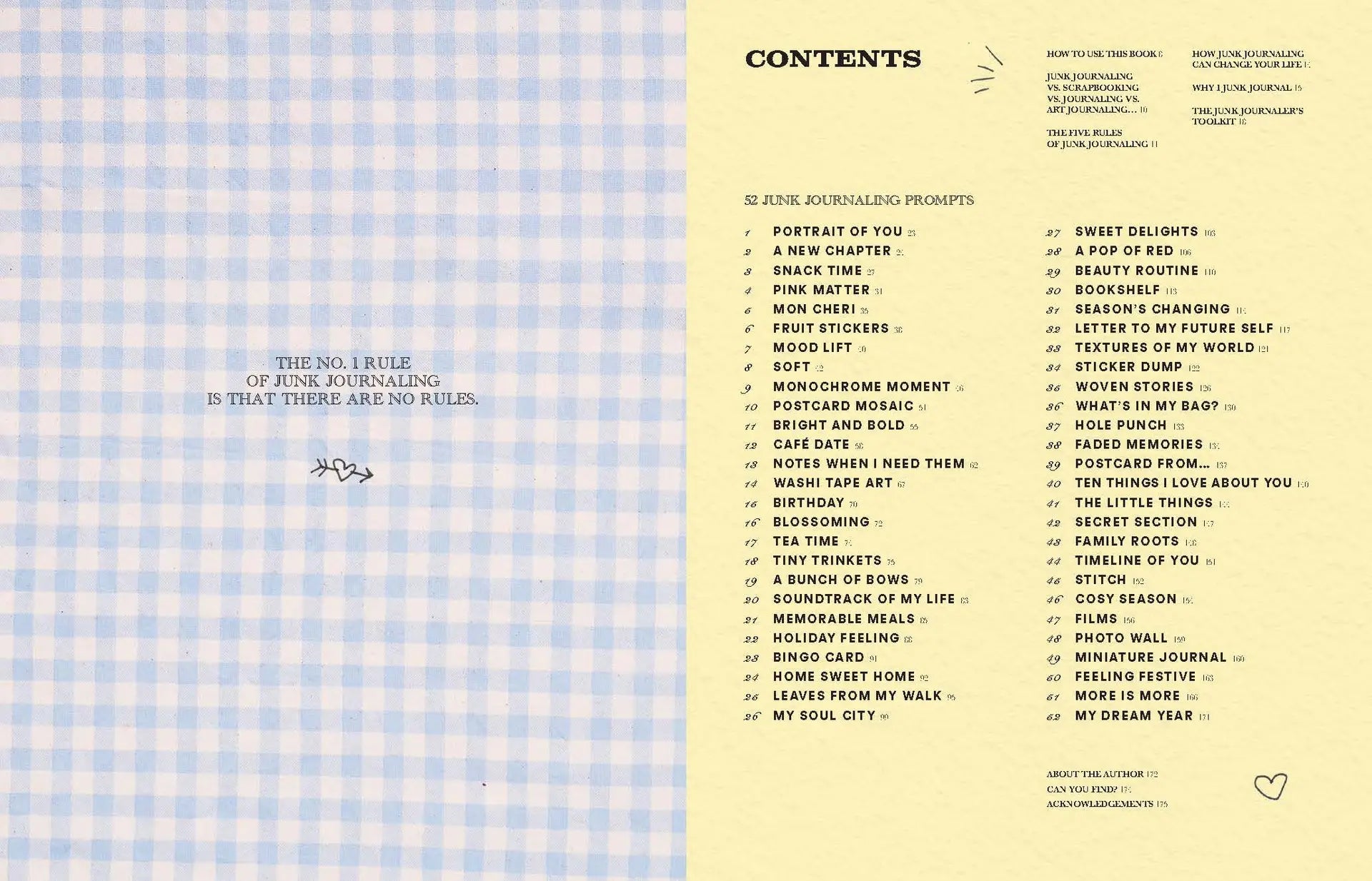 Contents page of a book with a blue and white checkered pattern on the left and text on the right.