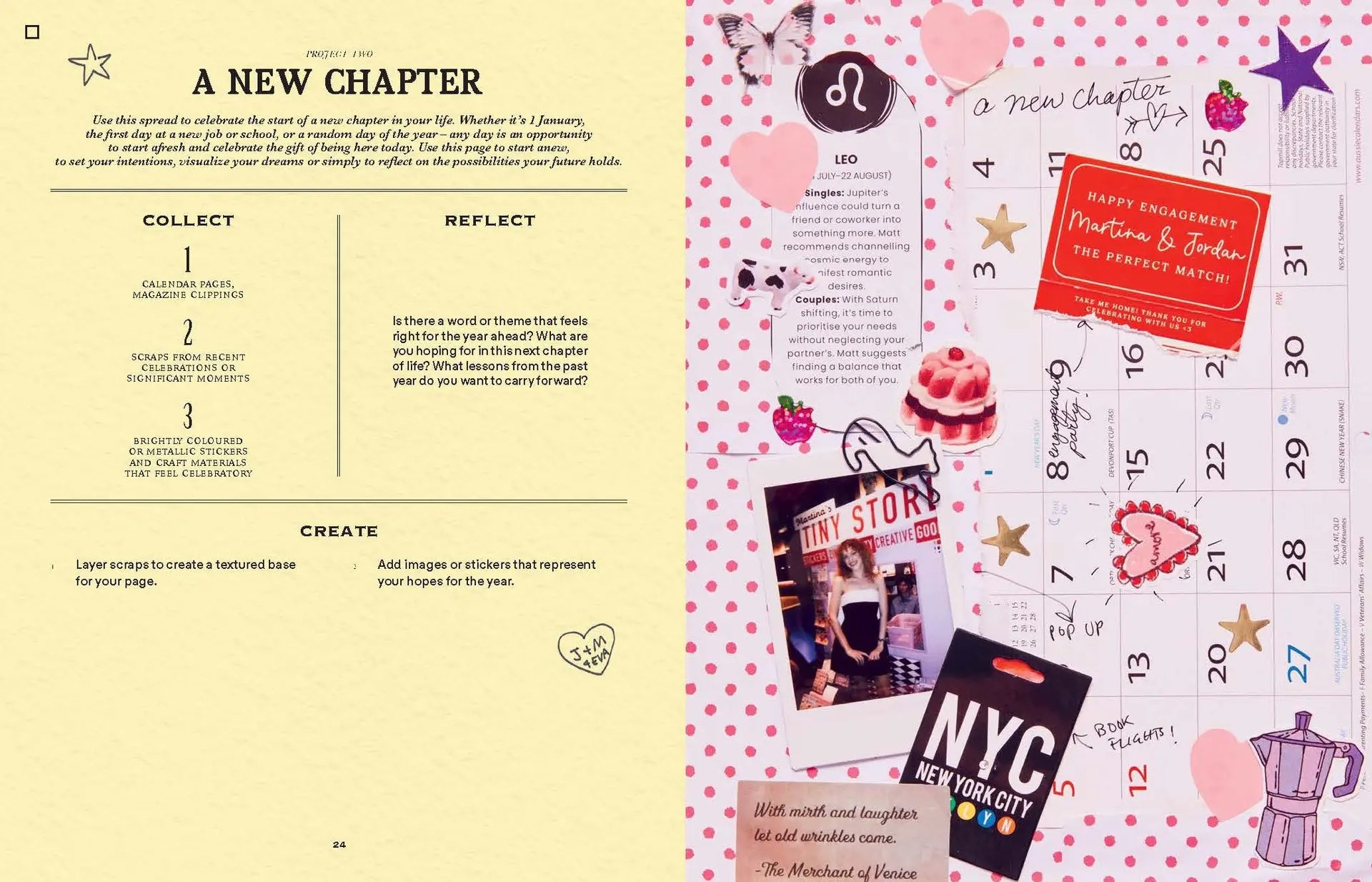 Calendar with decorative elements and text on a yellow background