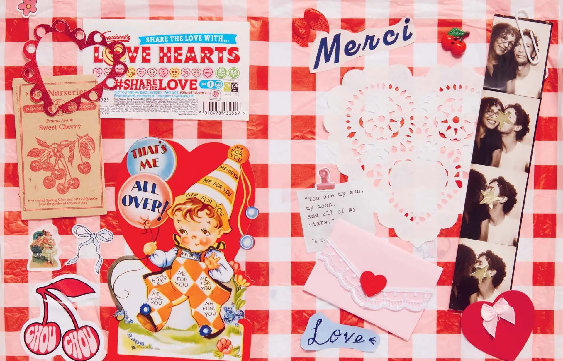 Collection of vintage-style cards and decorations on a red and white checkered background