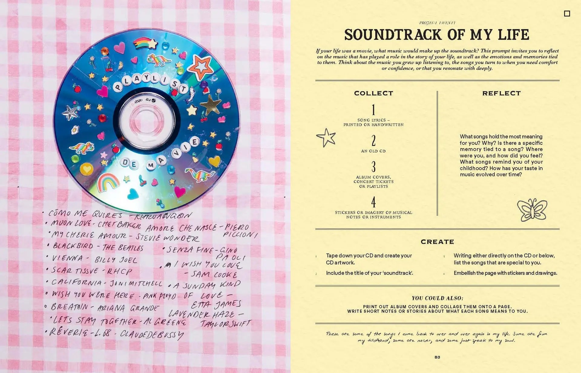 Book page with a decorated CD on a pink checkered background and text about 'Soundtrack of My Life'.