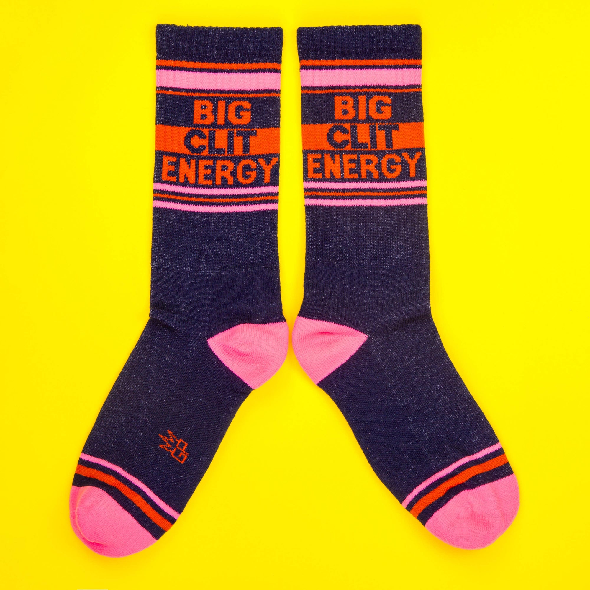 Big Clit Energy crew gym socks with bold statement text and retro stripes
