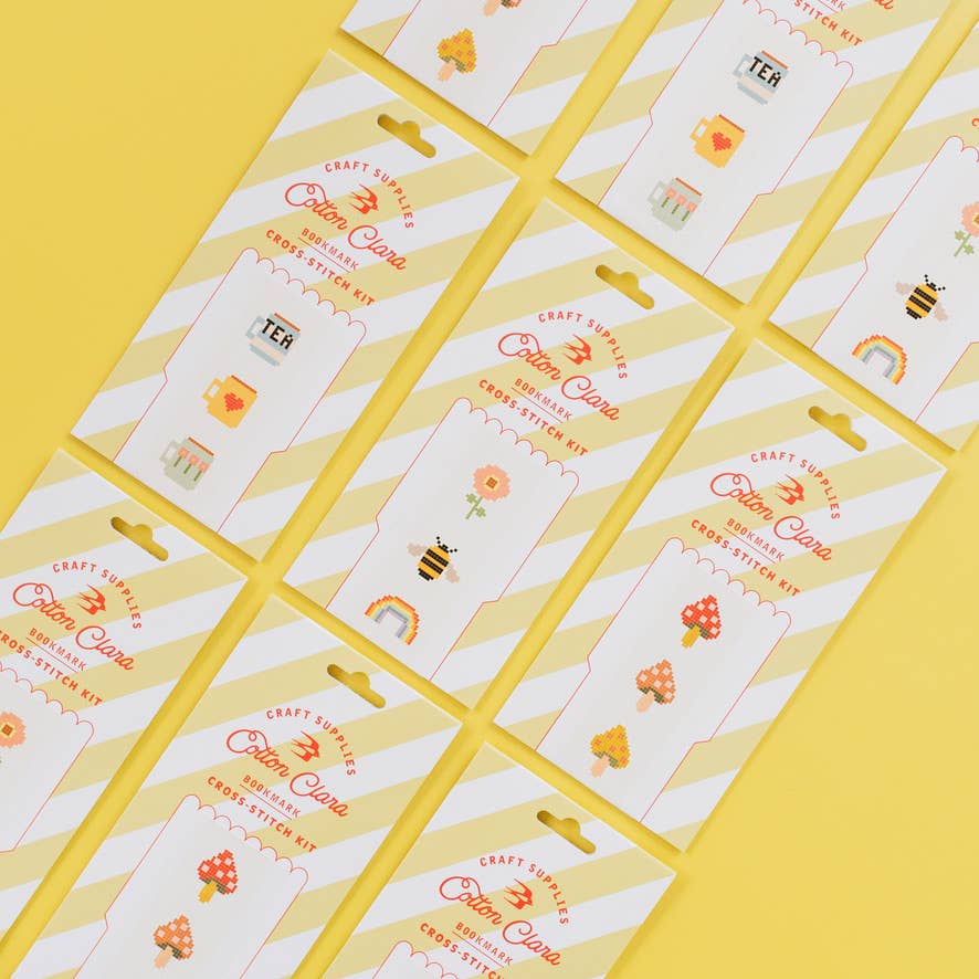 Packaging of Cotton Cane craft supplies on a yellow background