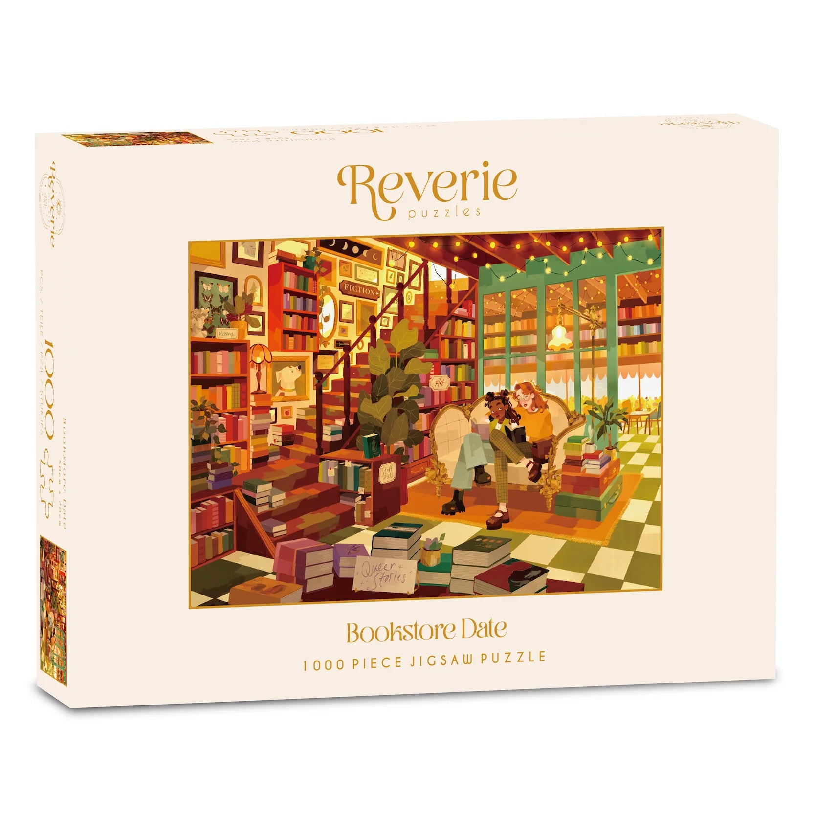 Jigsaw puzzle box with a bookstore scene and 'Reverie' branding.