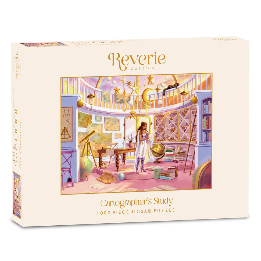 Jigsaw puzzle box with 'Reverie' branding and illustration of a cartographer's study.