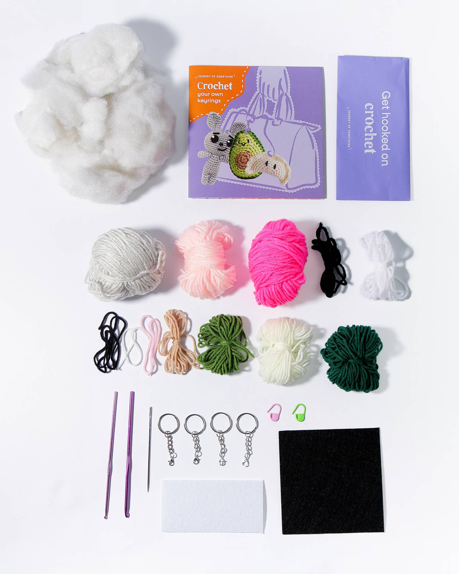 Crochet kit with yarn, hooks, and other tools on a white background