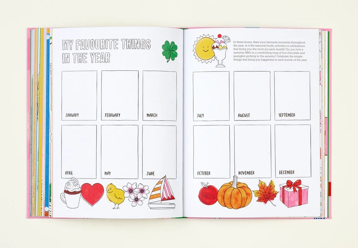 Children's book open to a page with illustrations and text about favorite things in the year.