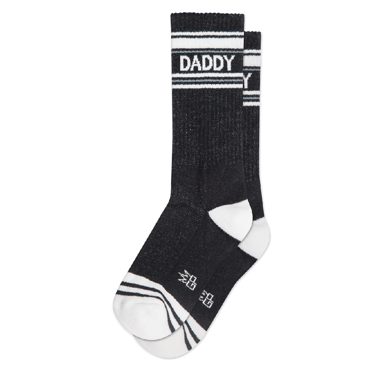 Black sock with white text and stripes on a white background