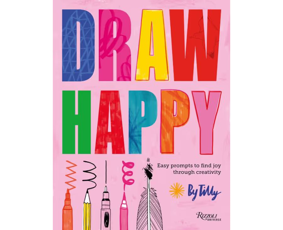 Book cover of 'Draw Happy' with colorful text and drawing tools on a pink background