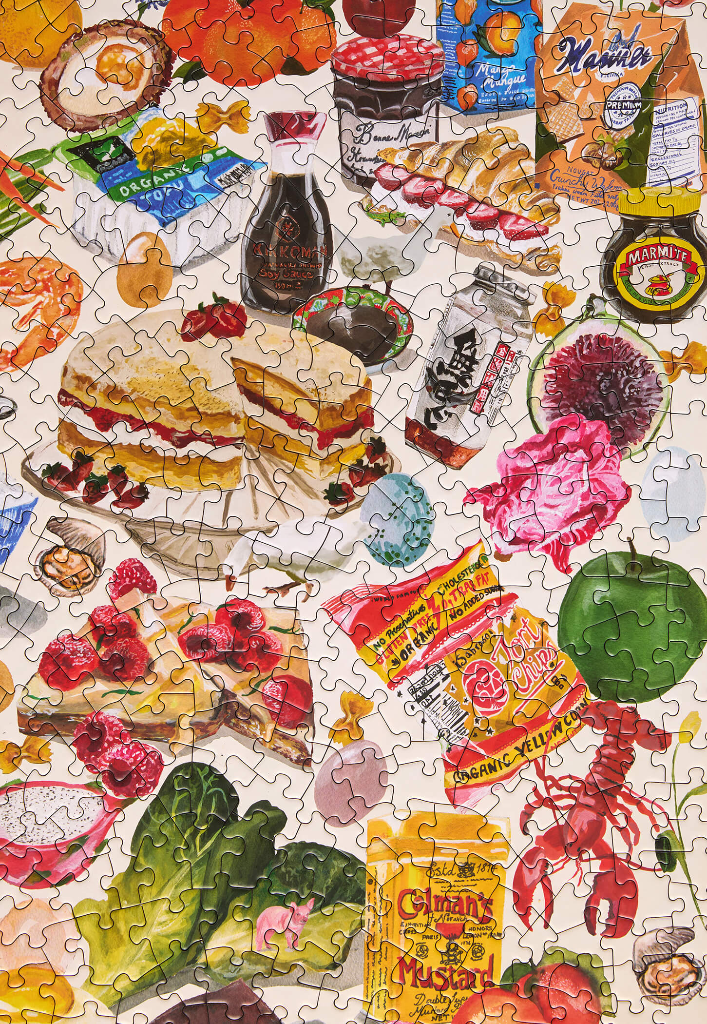 Jigsaw puzzle with food-themed pieces on a white background