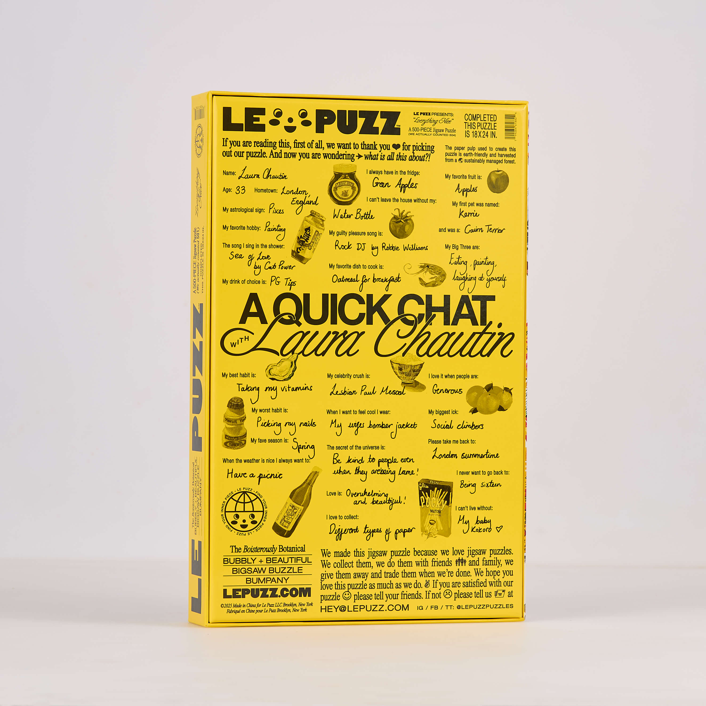 Yellow puzzle box with text and graphics on a white background