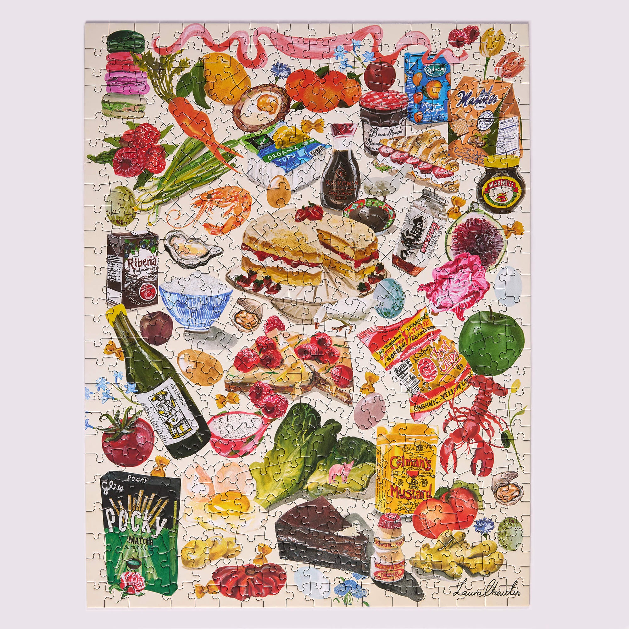 Jigsaw puzzle with various food items and products on a white background