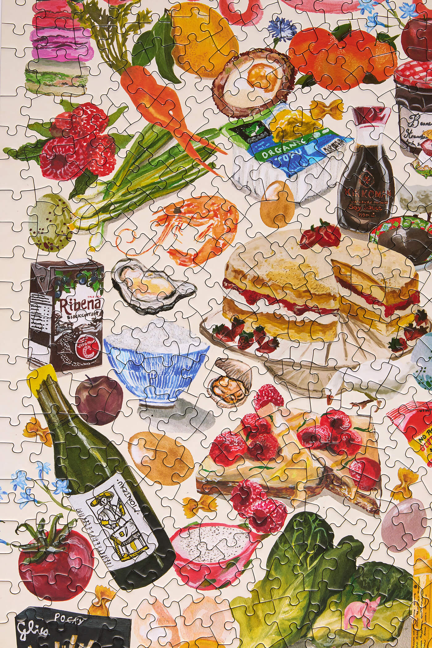 Jigsaw puzzle with various food items and drinks on a beige background