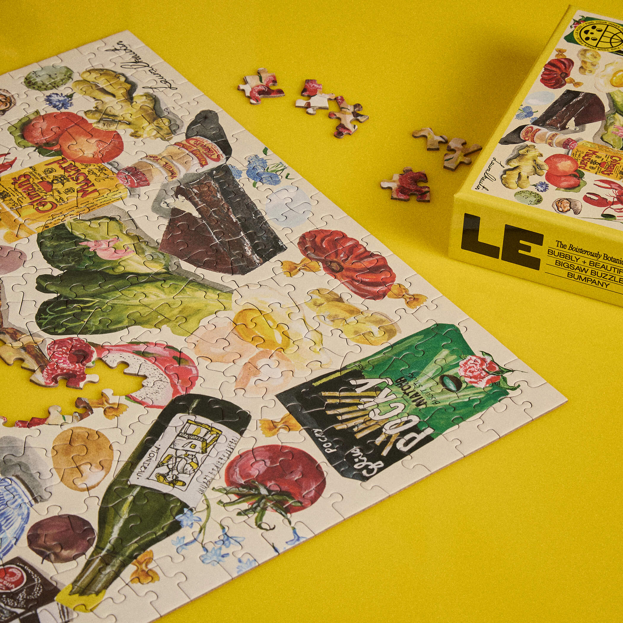 Jigsaw puzzle with colorful illustrations on a yellow background