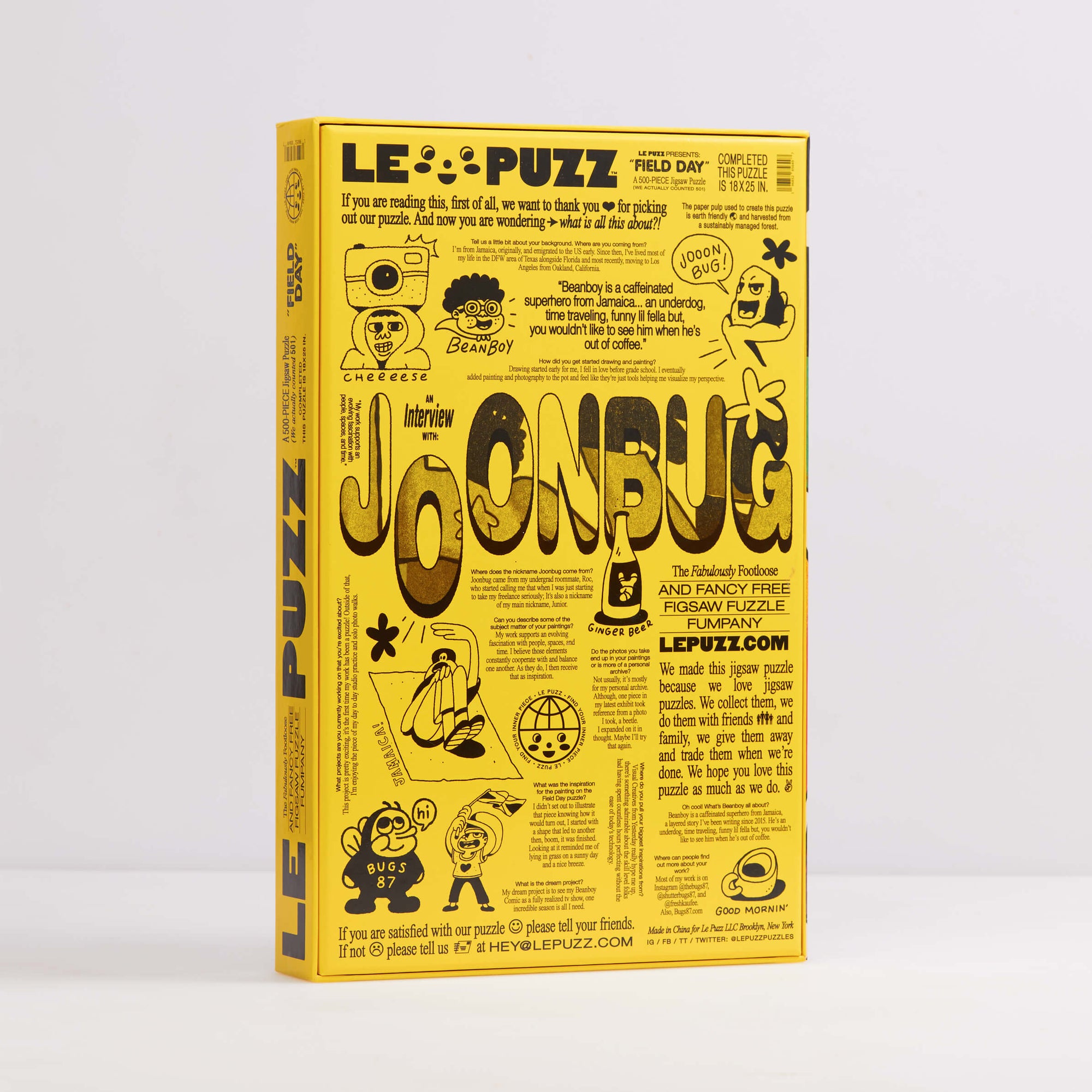 Yellow puzzle box with black text and graphics on a white background
