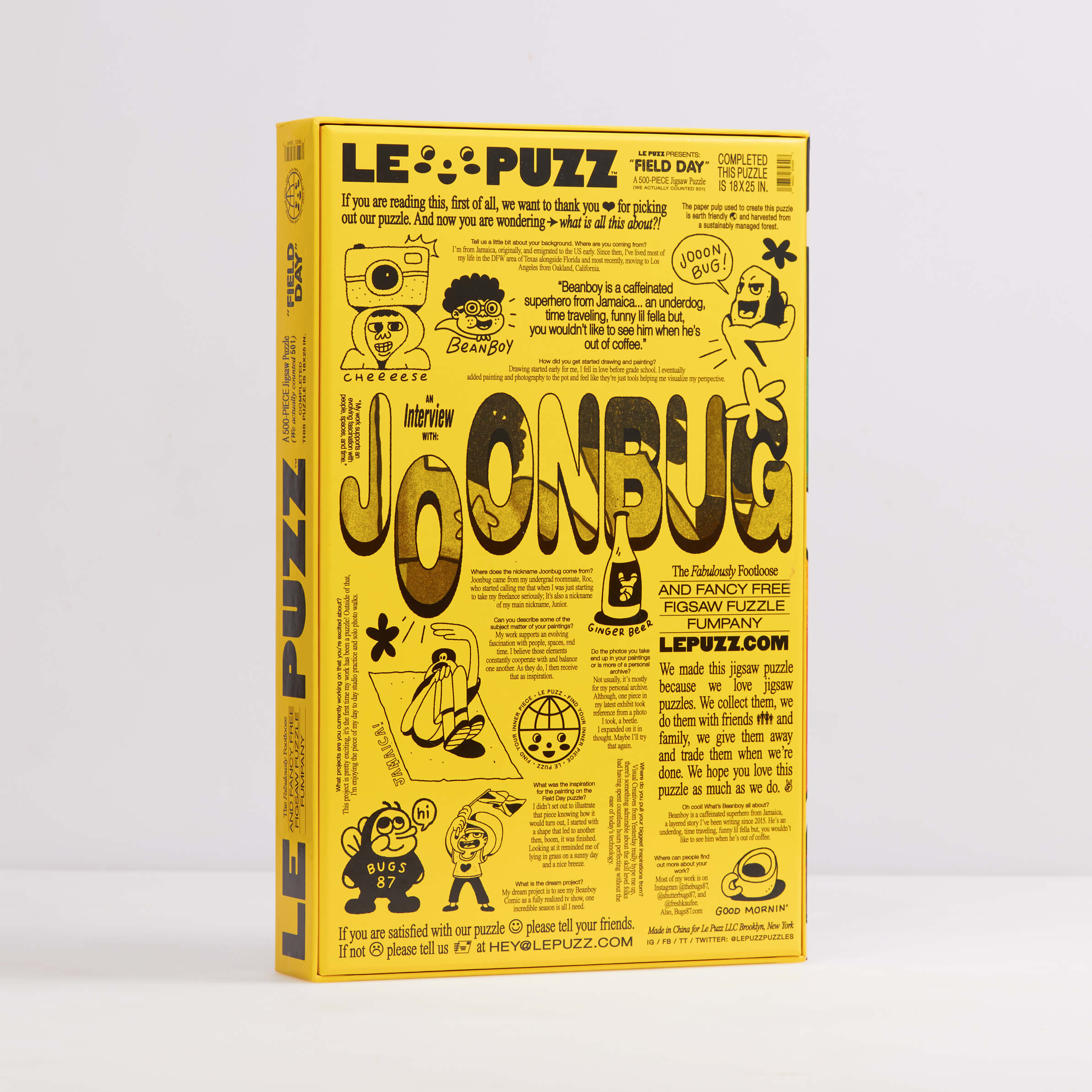 Yellow puzzle box with black text and graphics on a white background