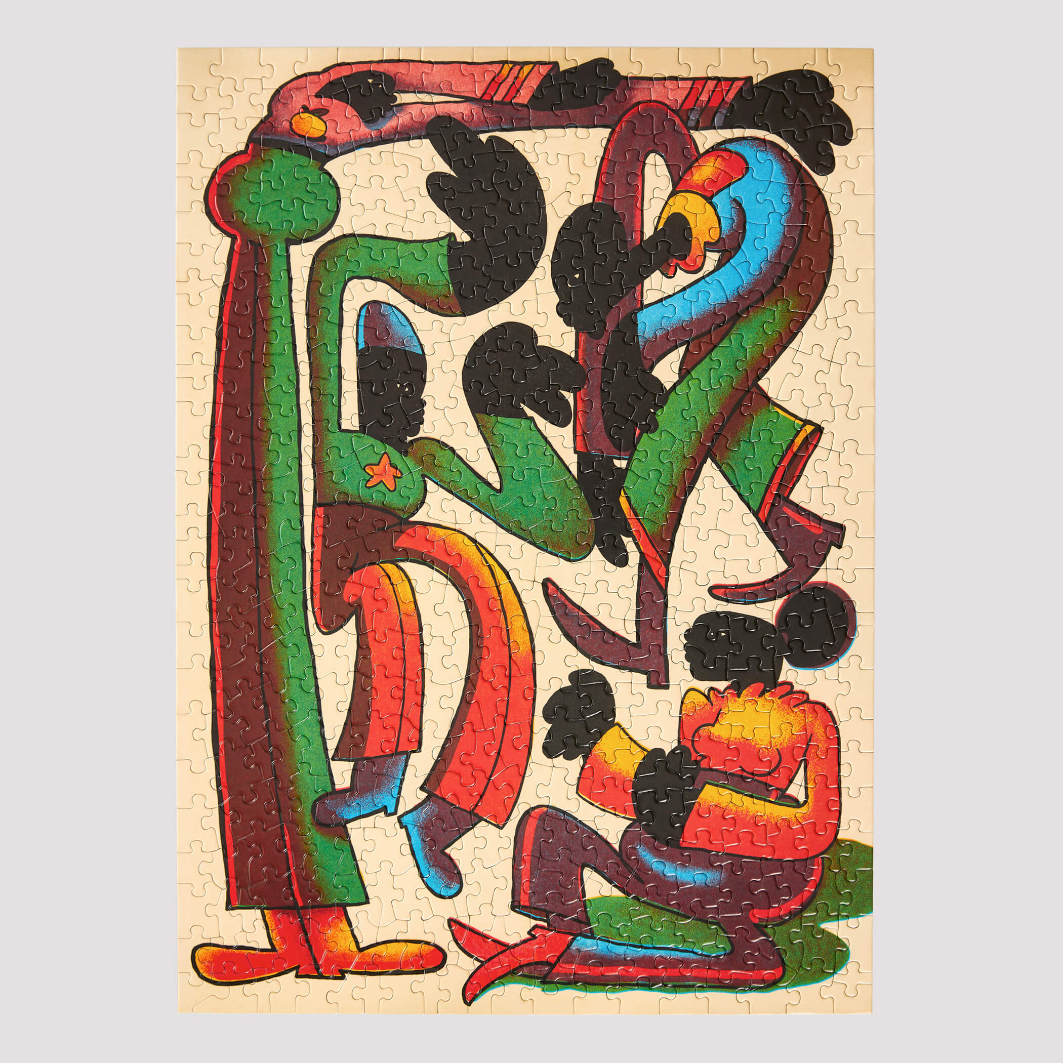 Colorful abstract puzzle with cartoon-like characters on a beige background