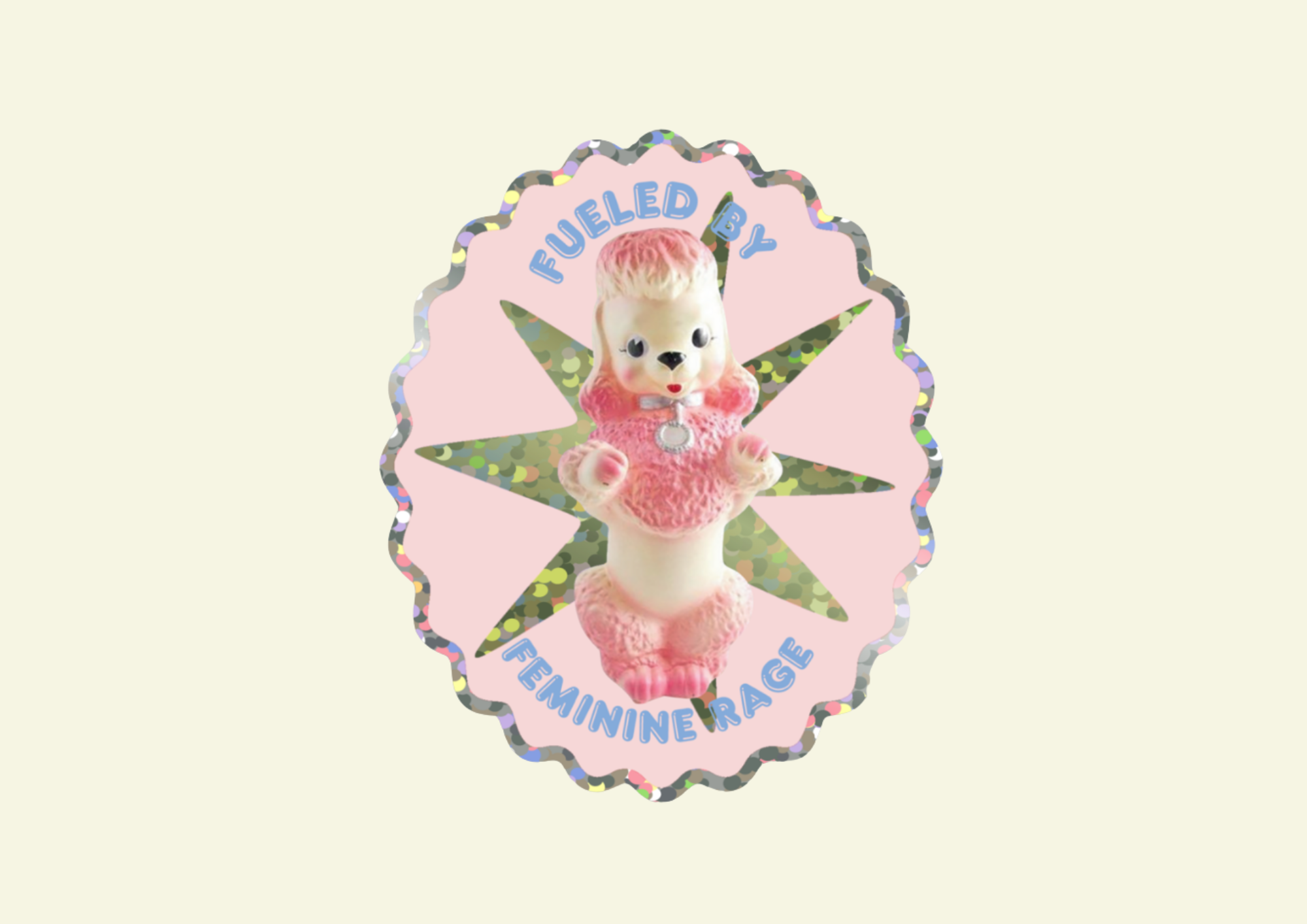 Circular sticker with a cartoon character and text 'Fueled by Feminine Magic' on a light pink background