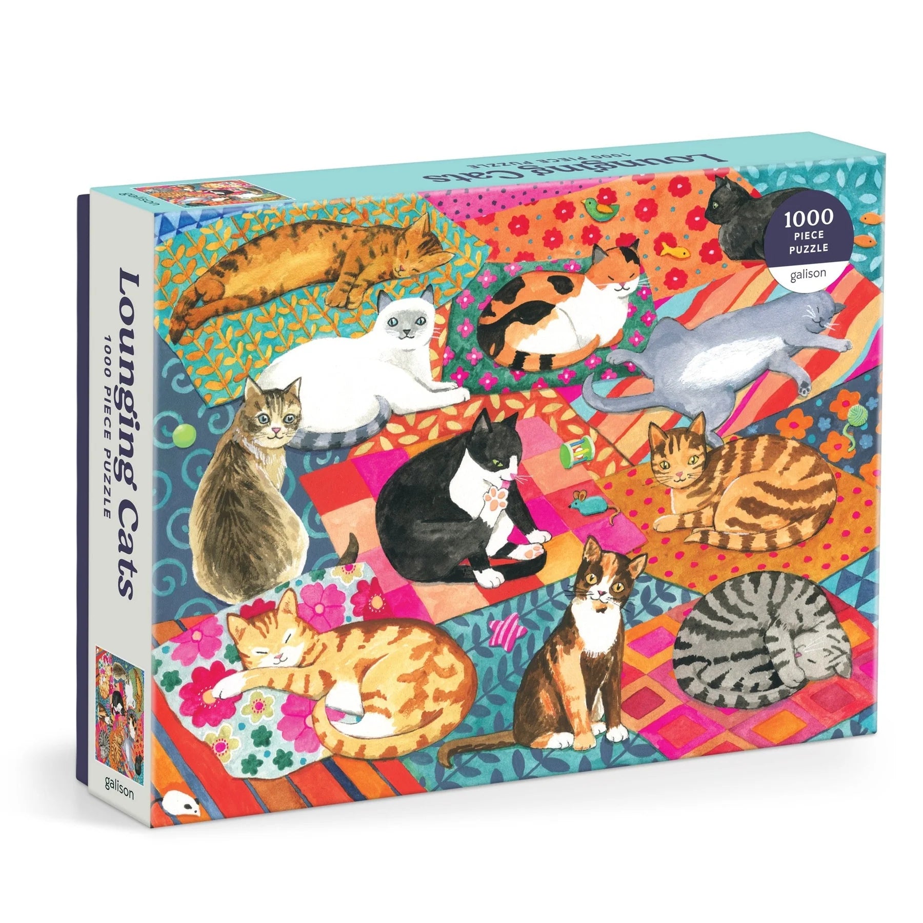 Jigsaw puzzle box with cats on a colorful patterned rug