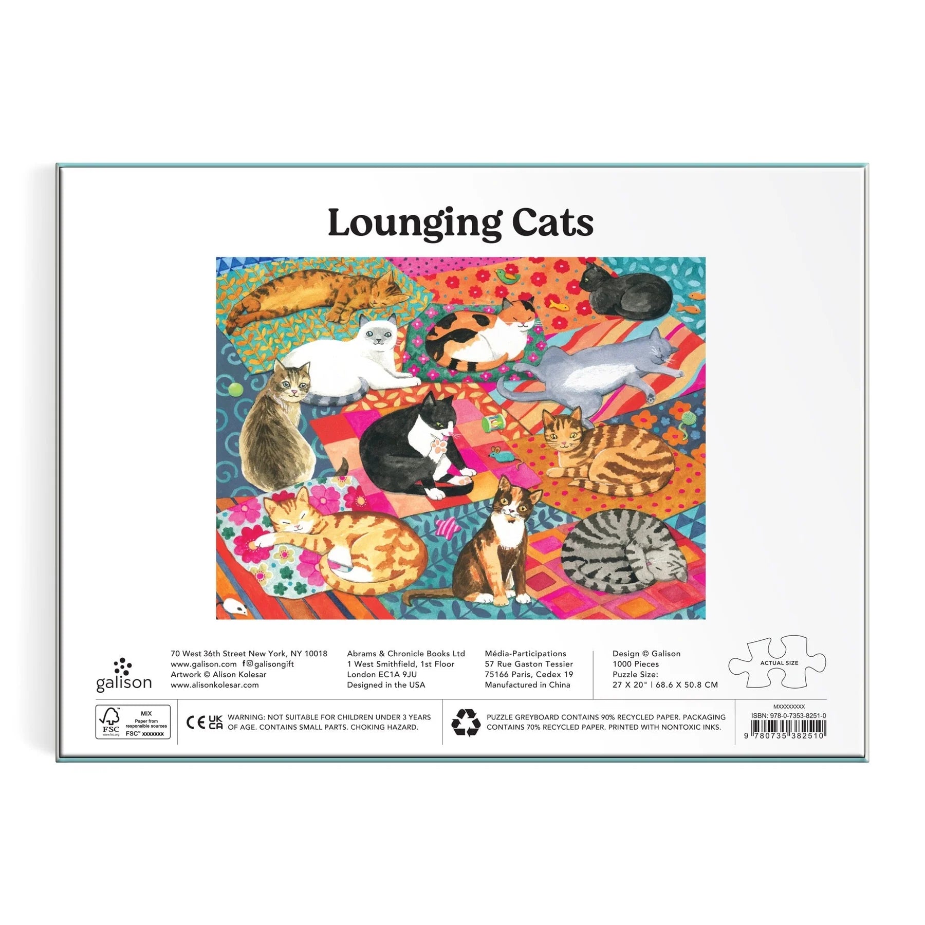 Jigsaw puzzle packaging with 'Lounging Cats' design on a colorful background