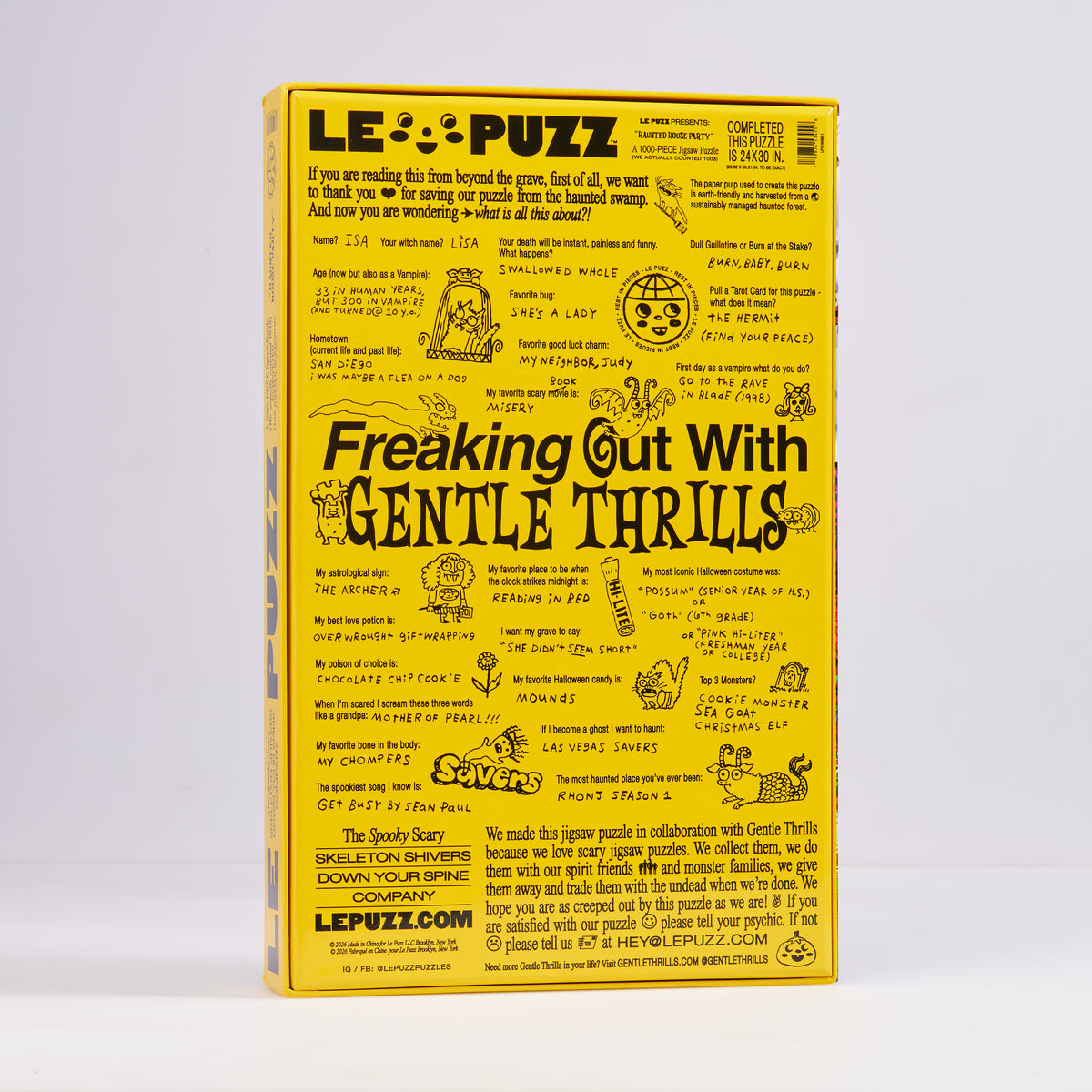 Back of the yellow Haunted House Party puzzle box featuring Gentle Thrills artist facts and illustrations.