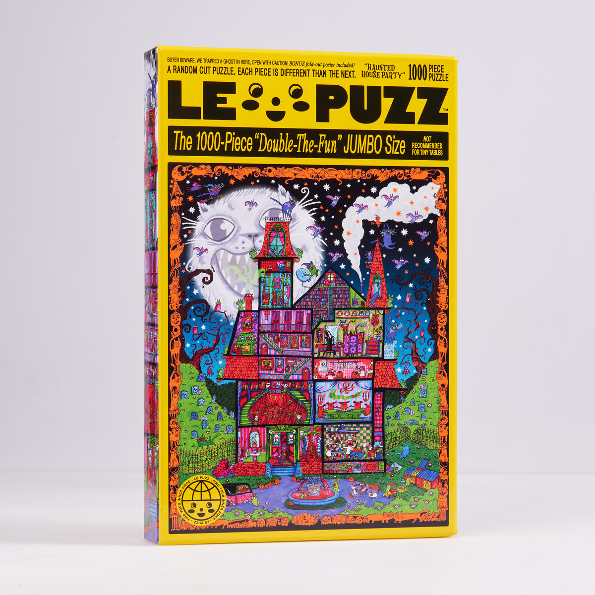 Le Puzz Haunted House Party 1000-piece puzzle box featuring a colourful haunted mansion and grinning cat moon.
