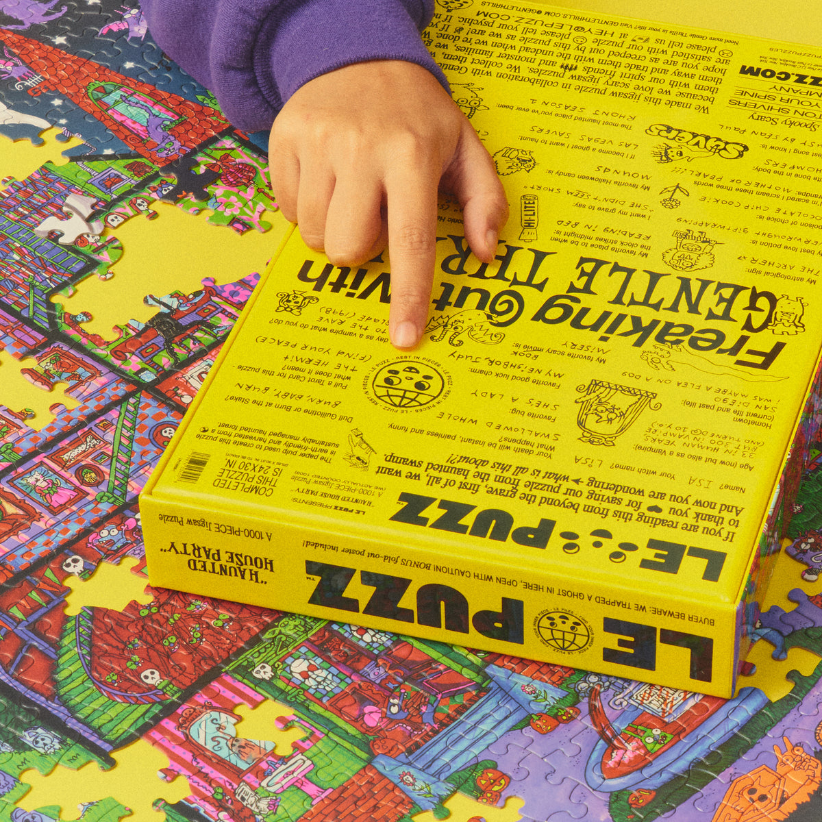 Hand pointing to Gentle Thrills artist facts on the puzzle box beside the Haunted House Party jigsaw.