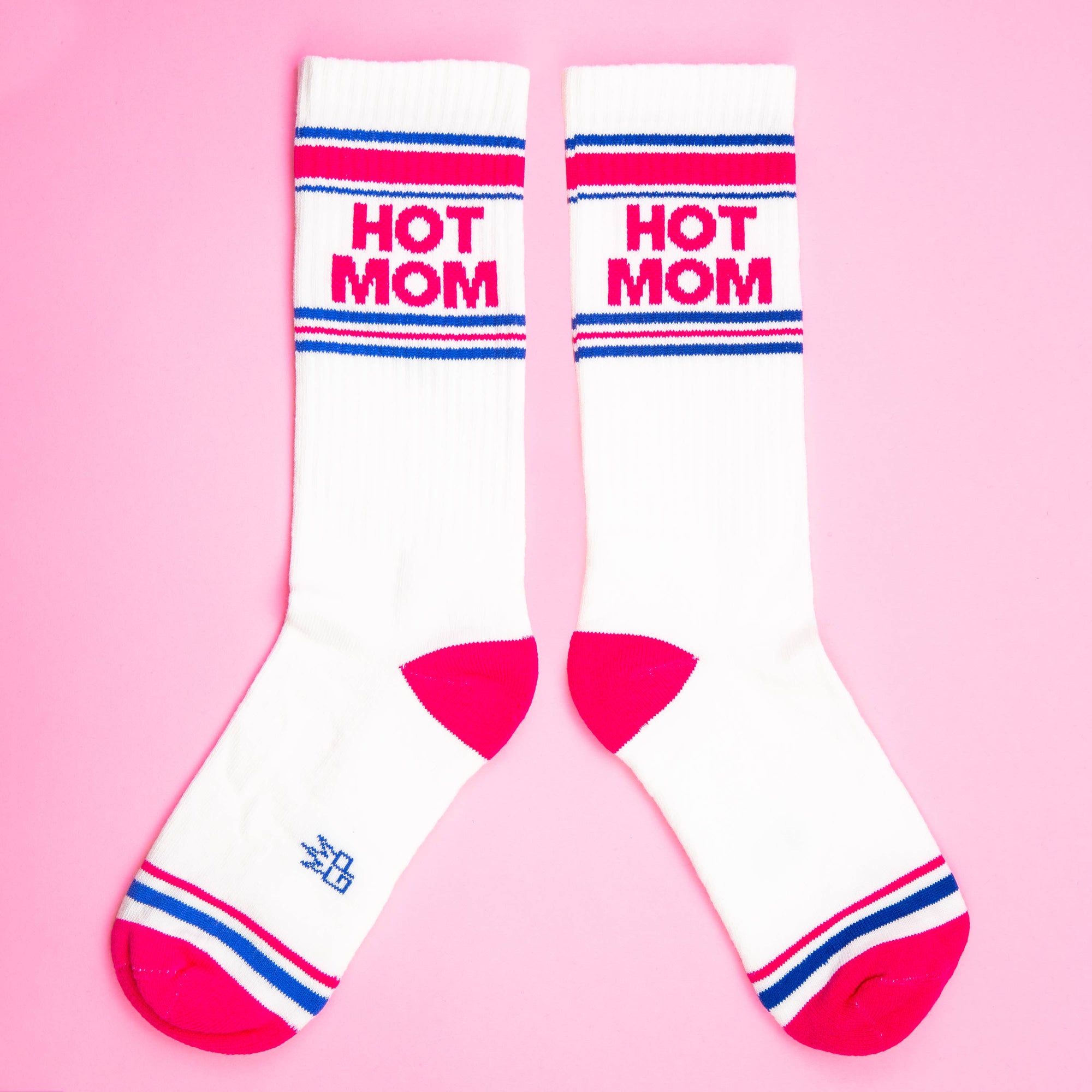White socks with 'HOT MOM' text on a pink background