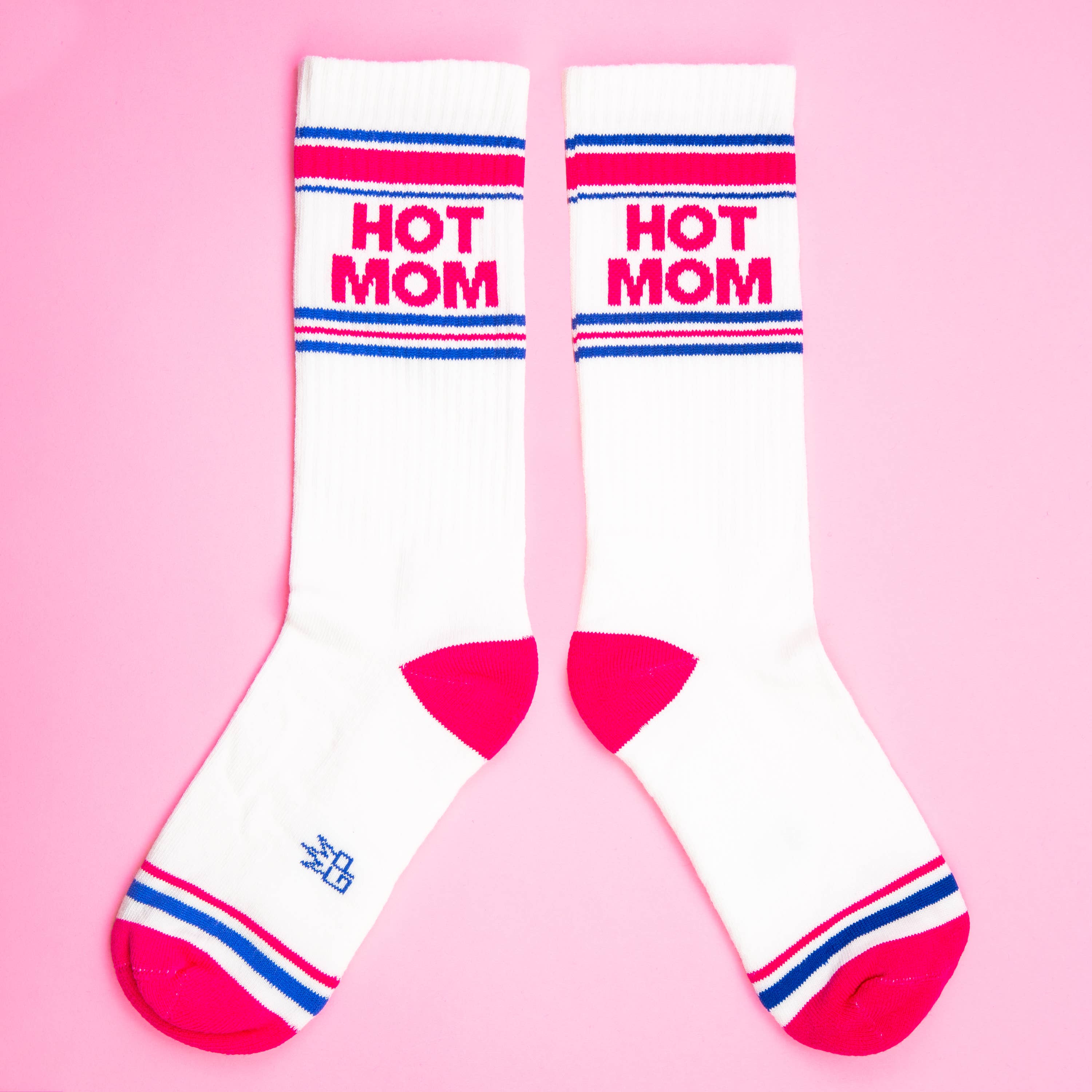 White socks with 'HOT MOM' text on a pink background