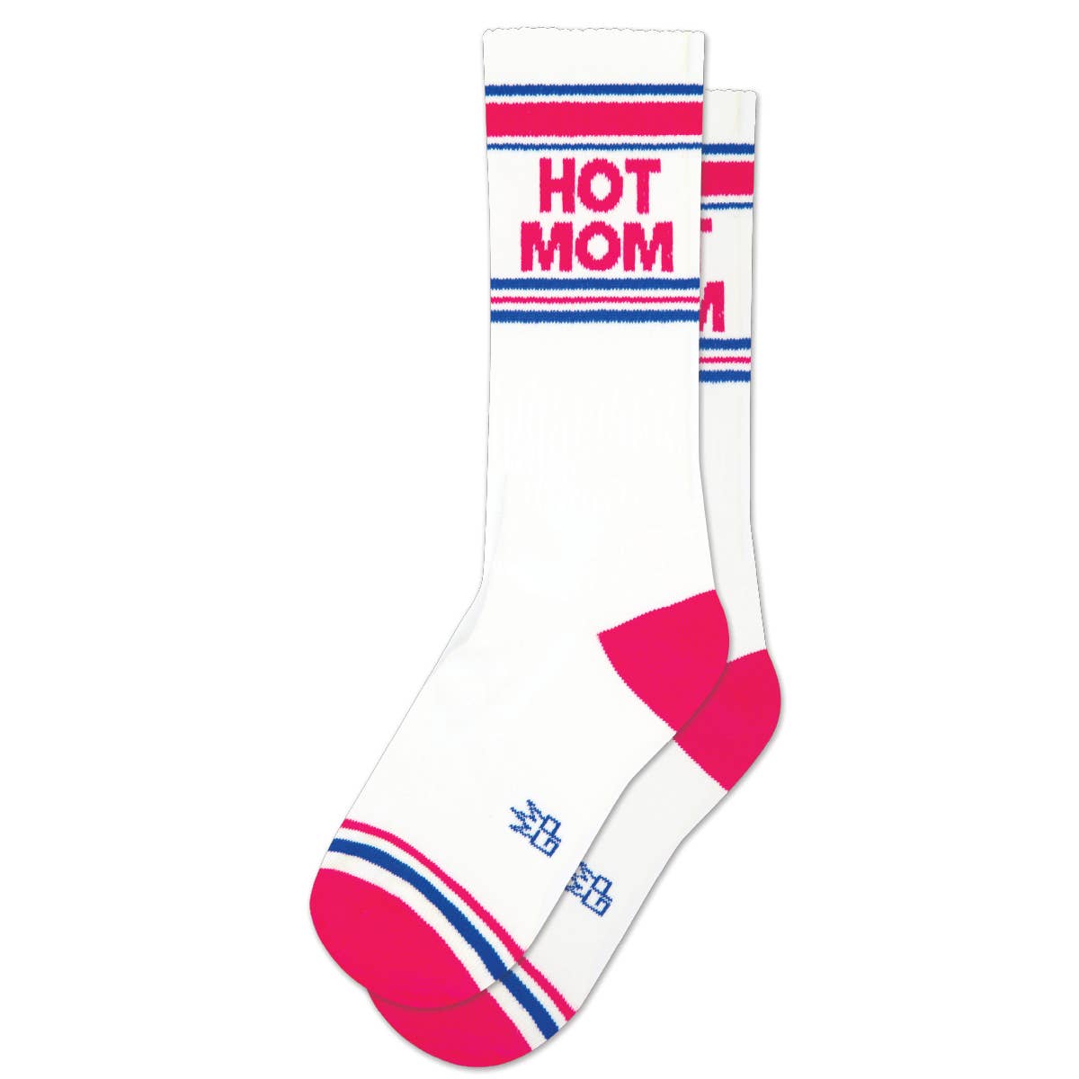 White sock with pink and blue accents and 'HOT MOM' text on a white background