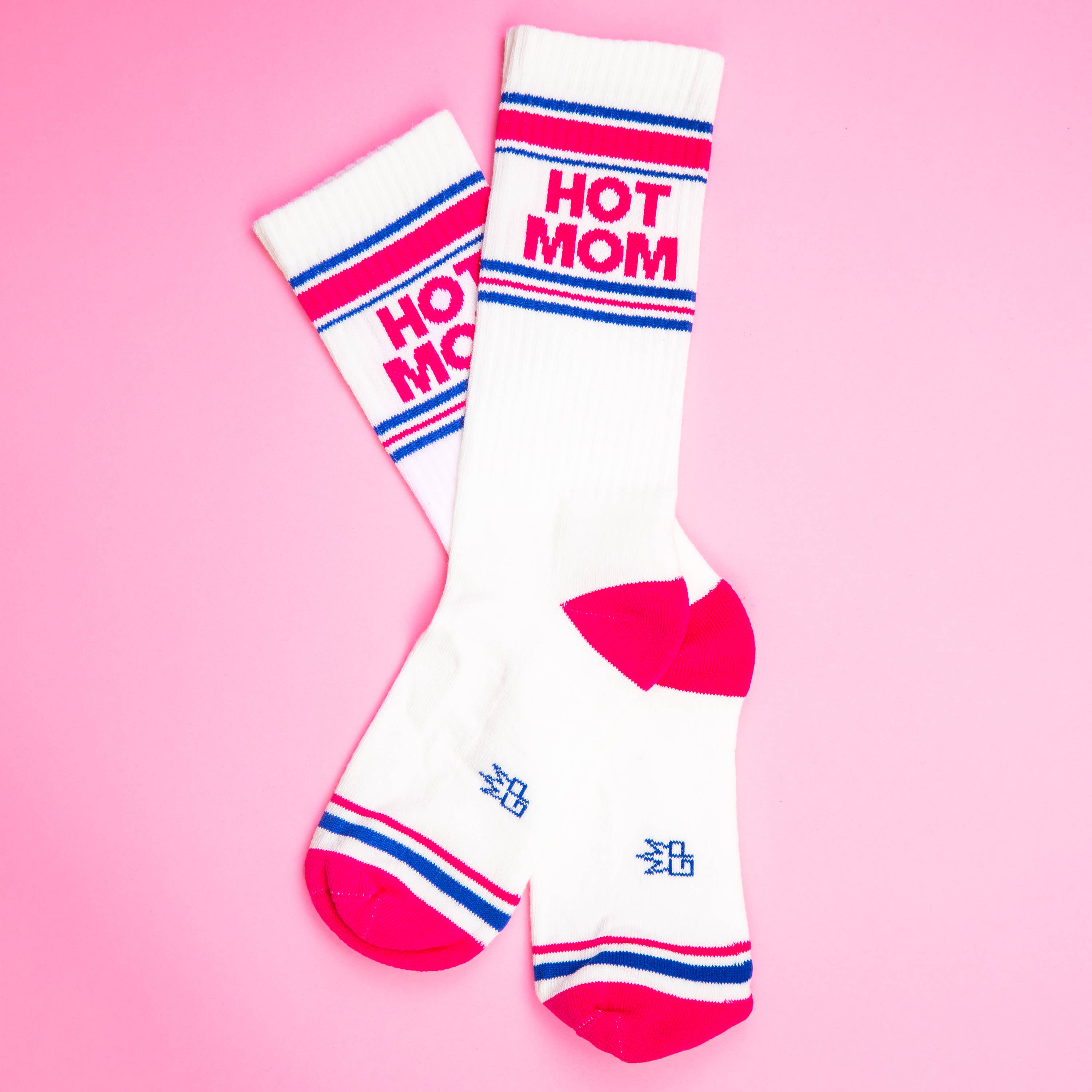 White socks with 'HOT MOM' text on a pink background