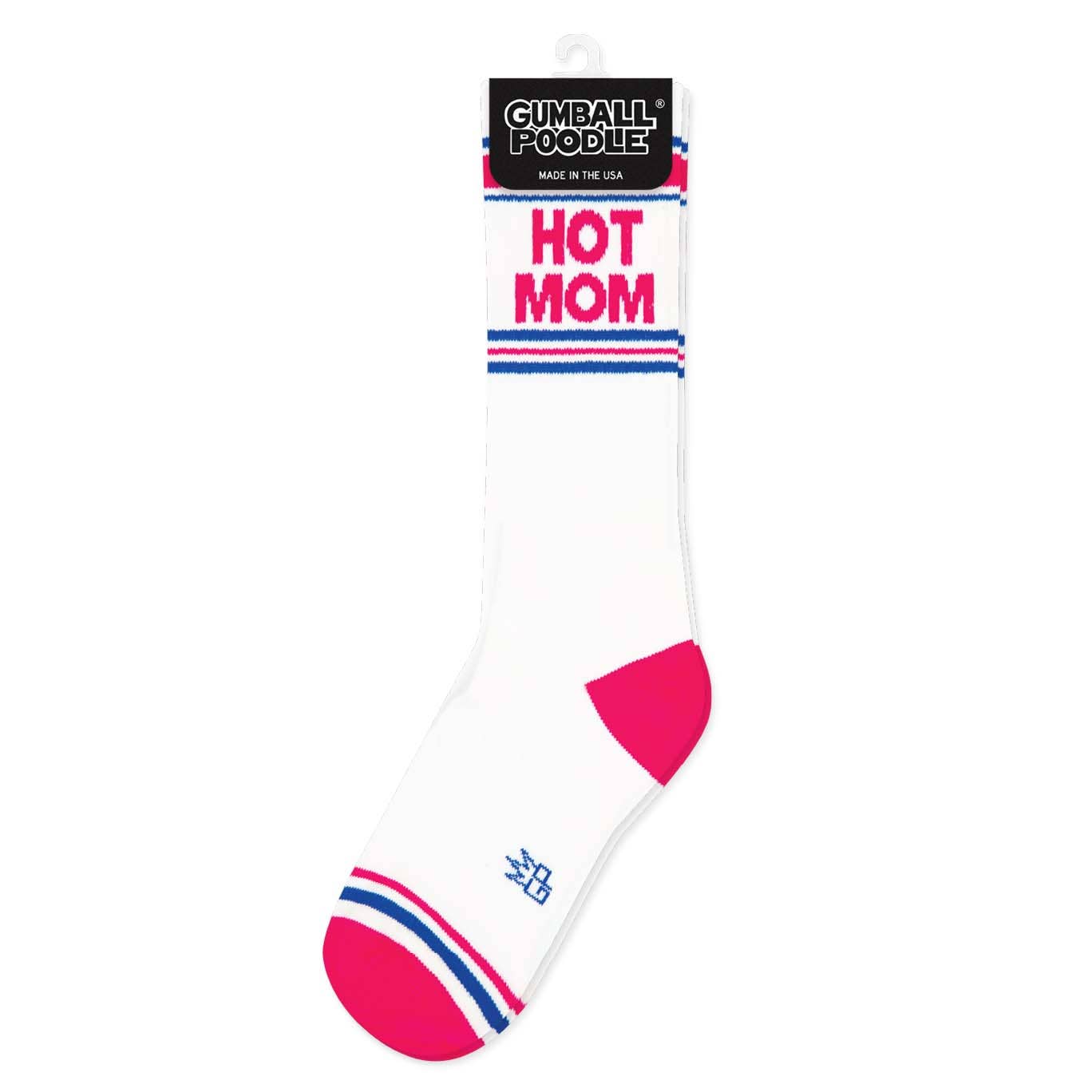 White sock with pink and blue accents and 'Hot Mom' text, on a white background