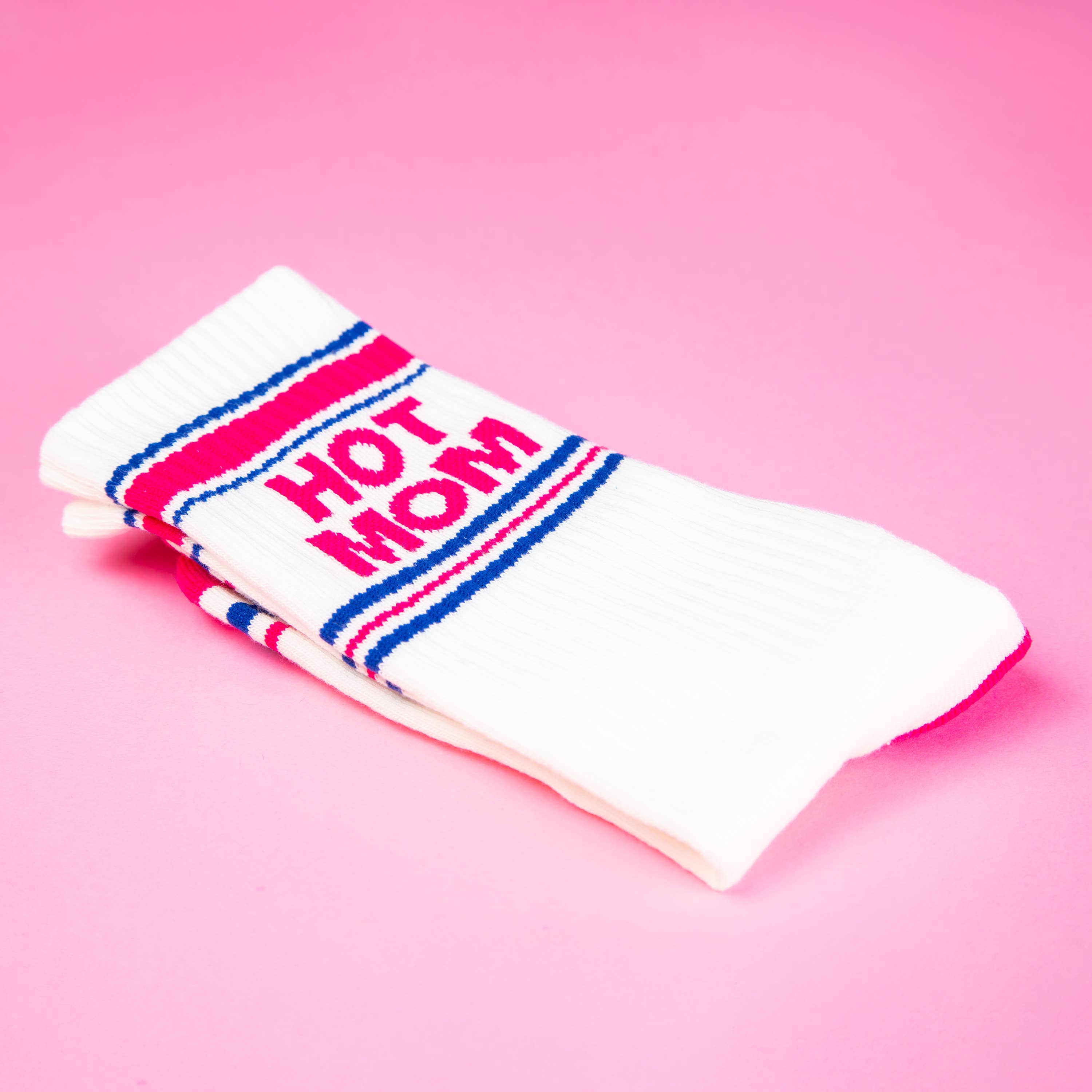 White sock with 'HOT MOM' text on a pink background