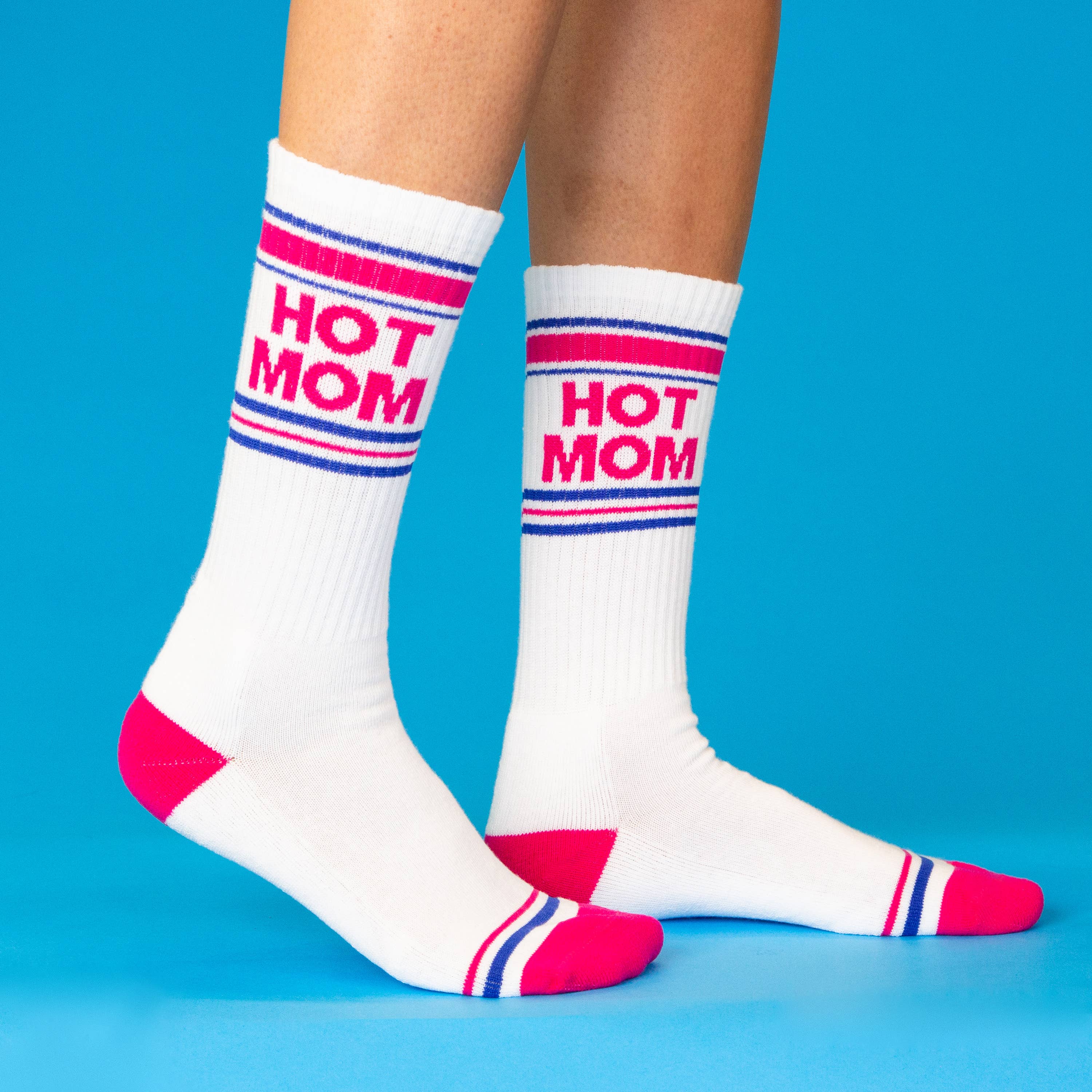 White socks with 'Hot Mom' text on a blue background