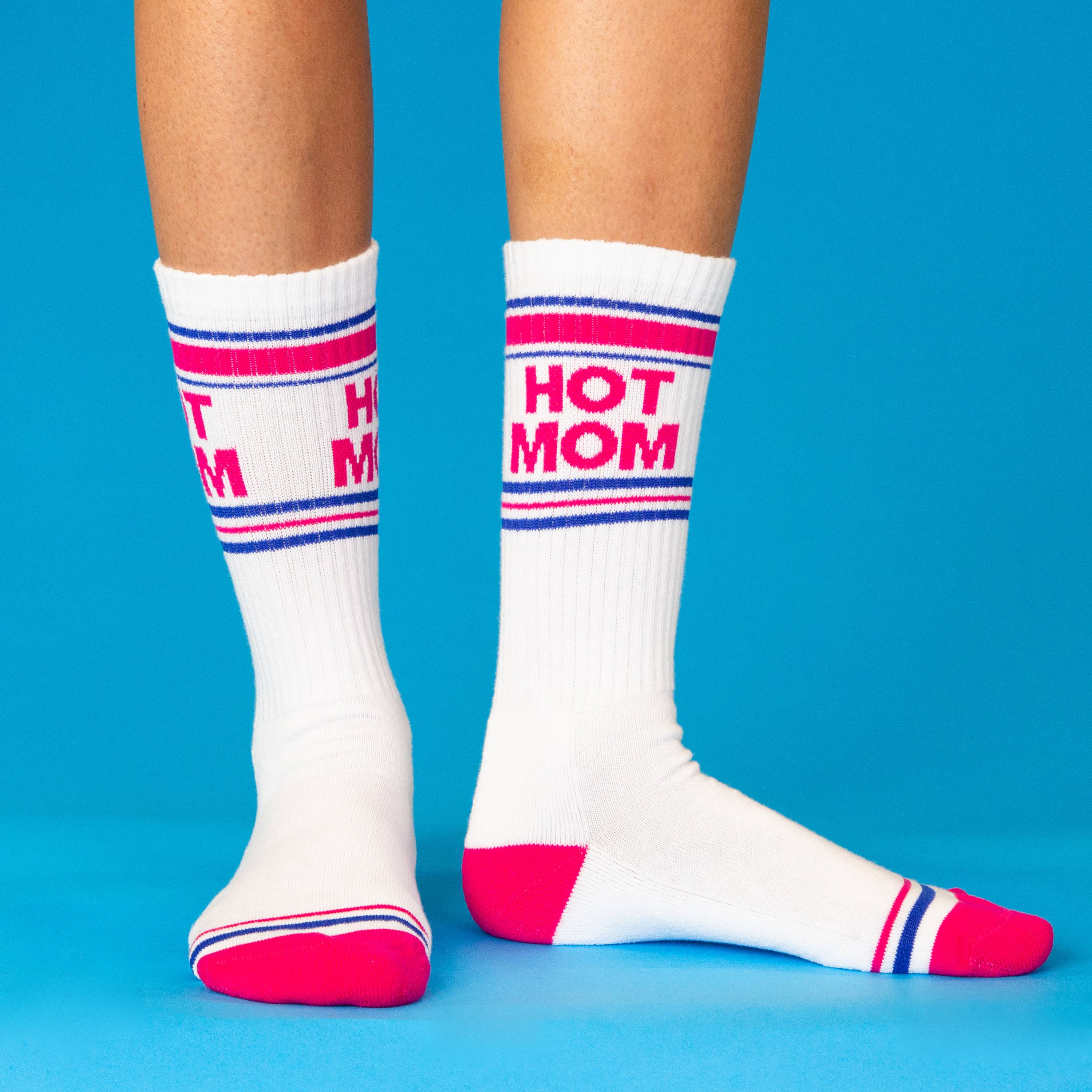 White socks with 'HOT MOM' text on a blue background