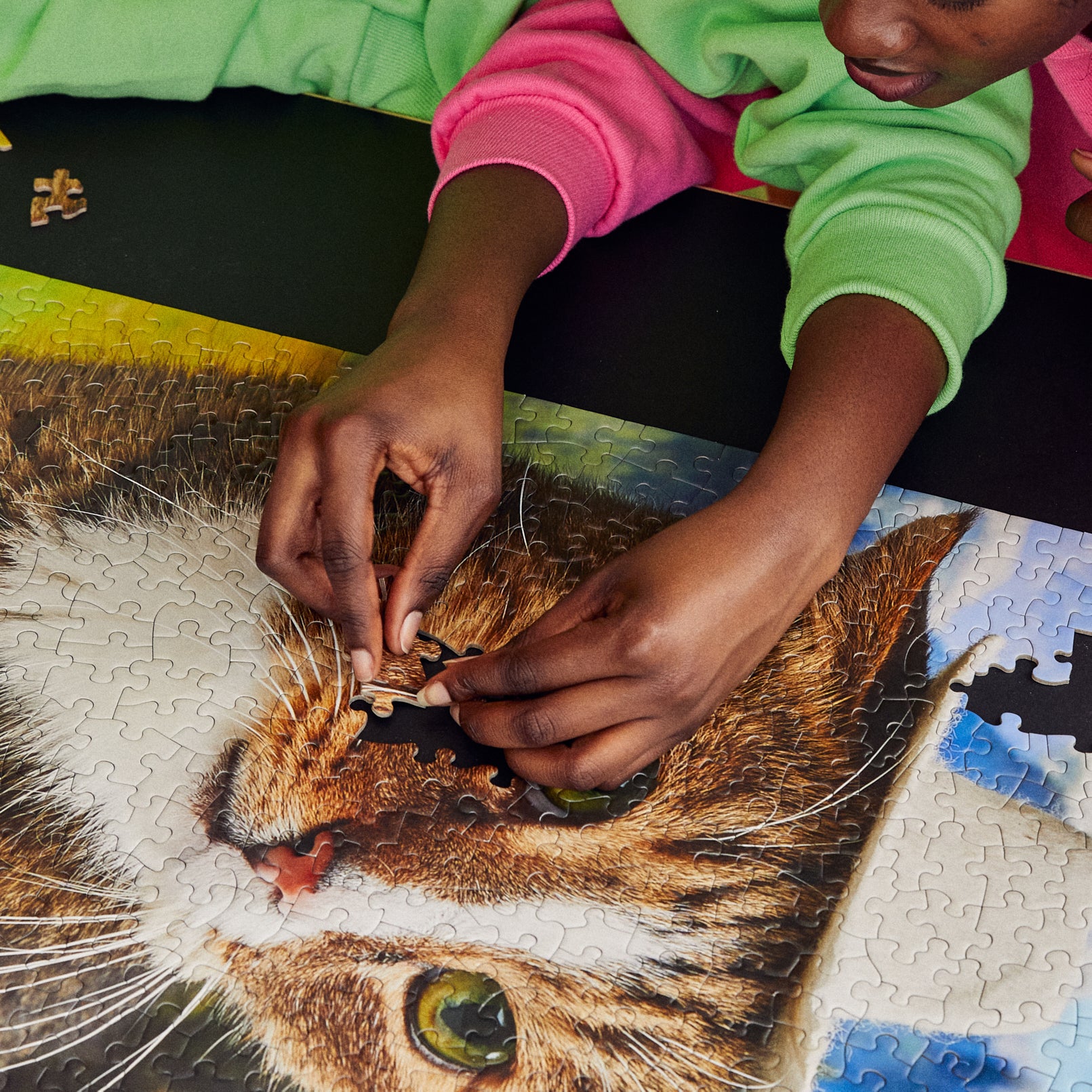 Person placing a piece into the Le Puzz Howdy Pawtner 500-piece jigsaw puzzle