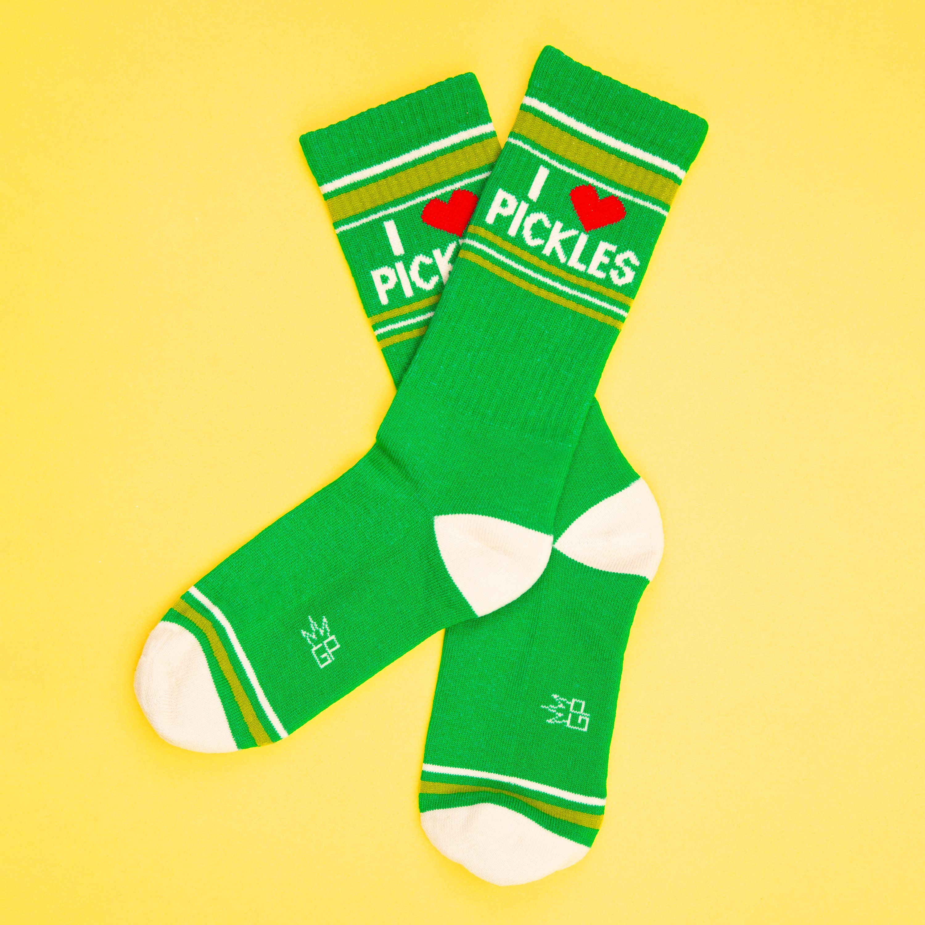 Green socks with 'I Love Pickles' text and red hearts on a yellow background