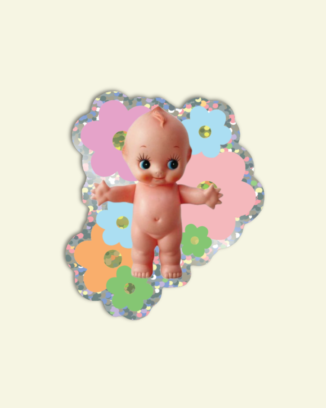 Vintage-style baby doll with a colorful floral background