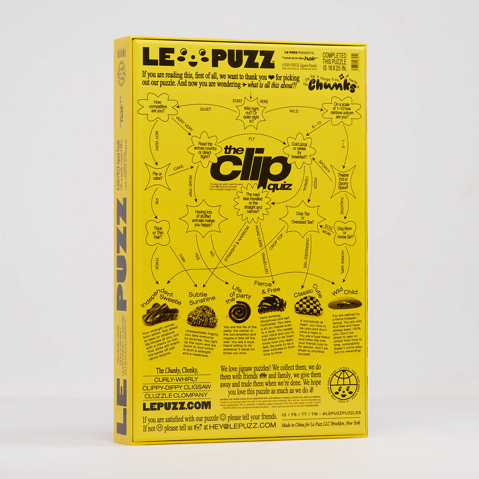 Yellow puzzle box with text and graphics on a white background