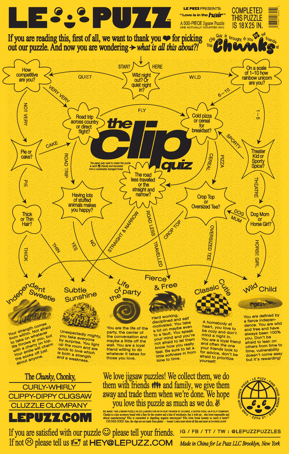 Yellow puzzle with text and graphics titled 'The Clip Quiz' by Lepuzz.
