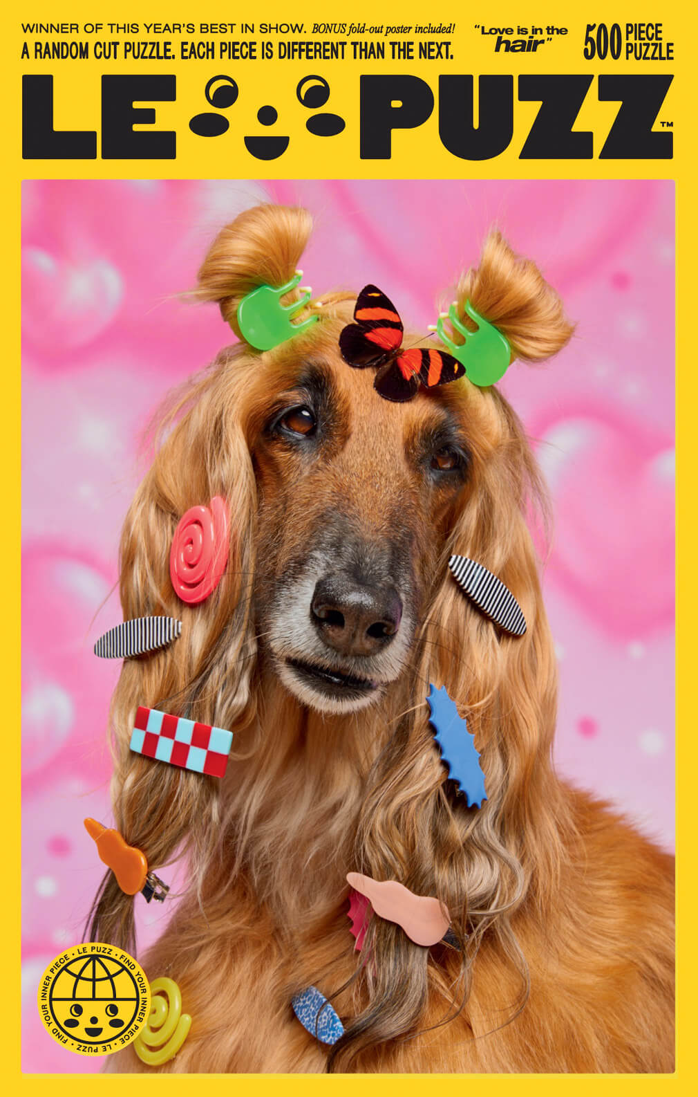 Dog with colorful hair clips on a pink background, featuring the LE PUZZ logo.