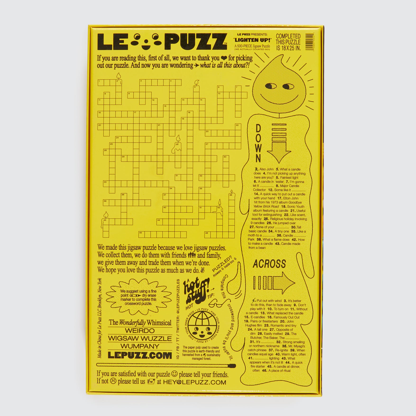 Yellow puzzle packaging with text and graphics on a white background