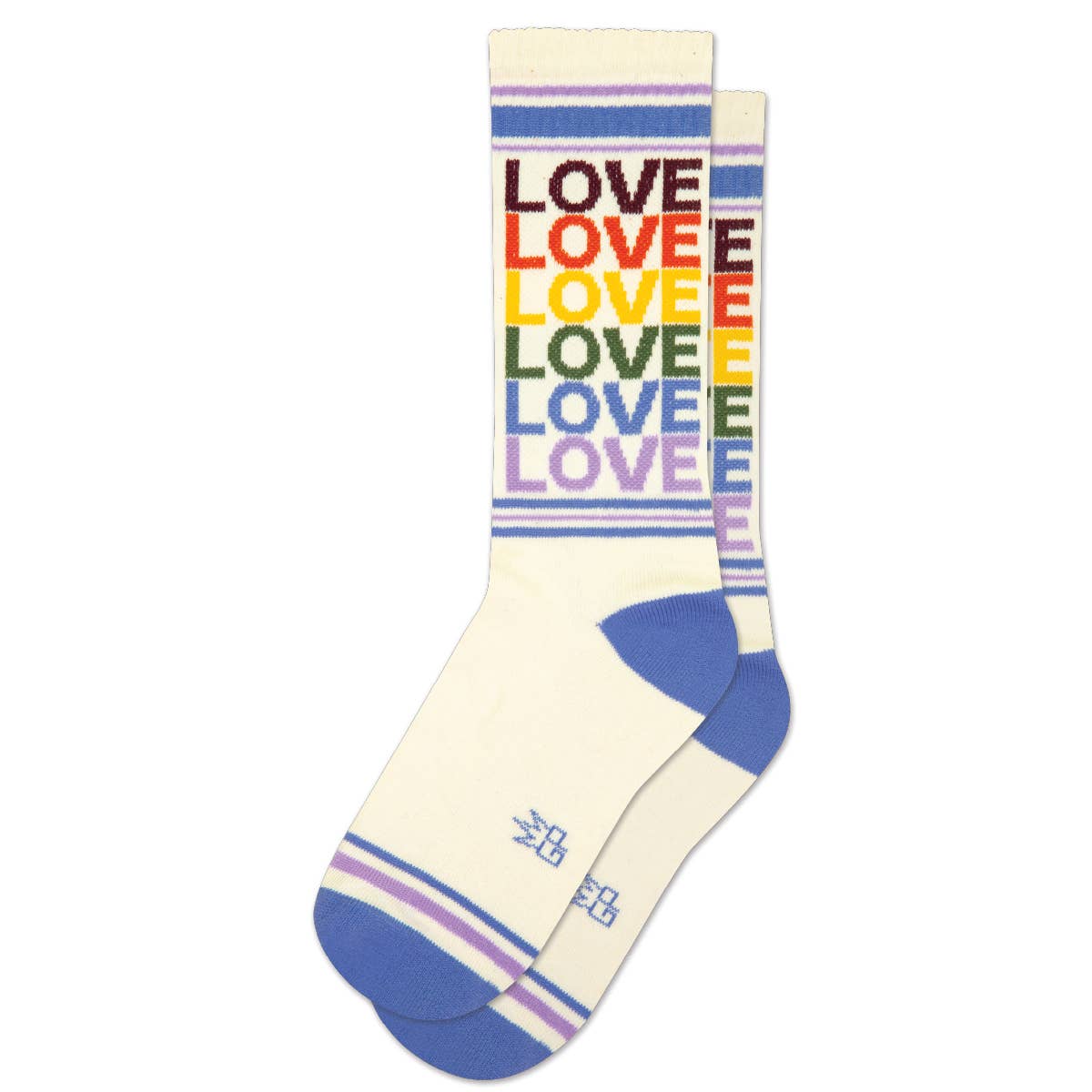 Colorful sock with 'LOVE' text on a white background