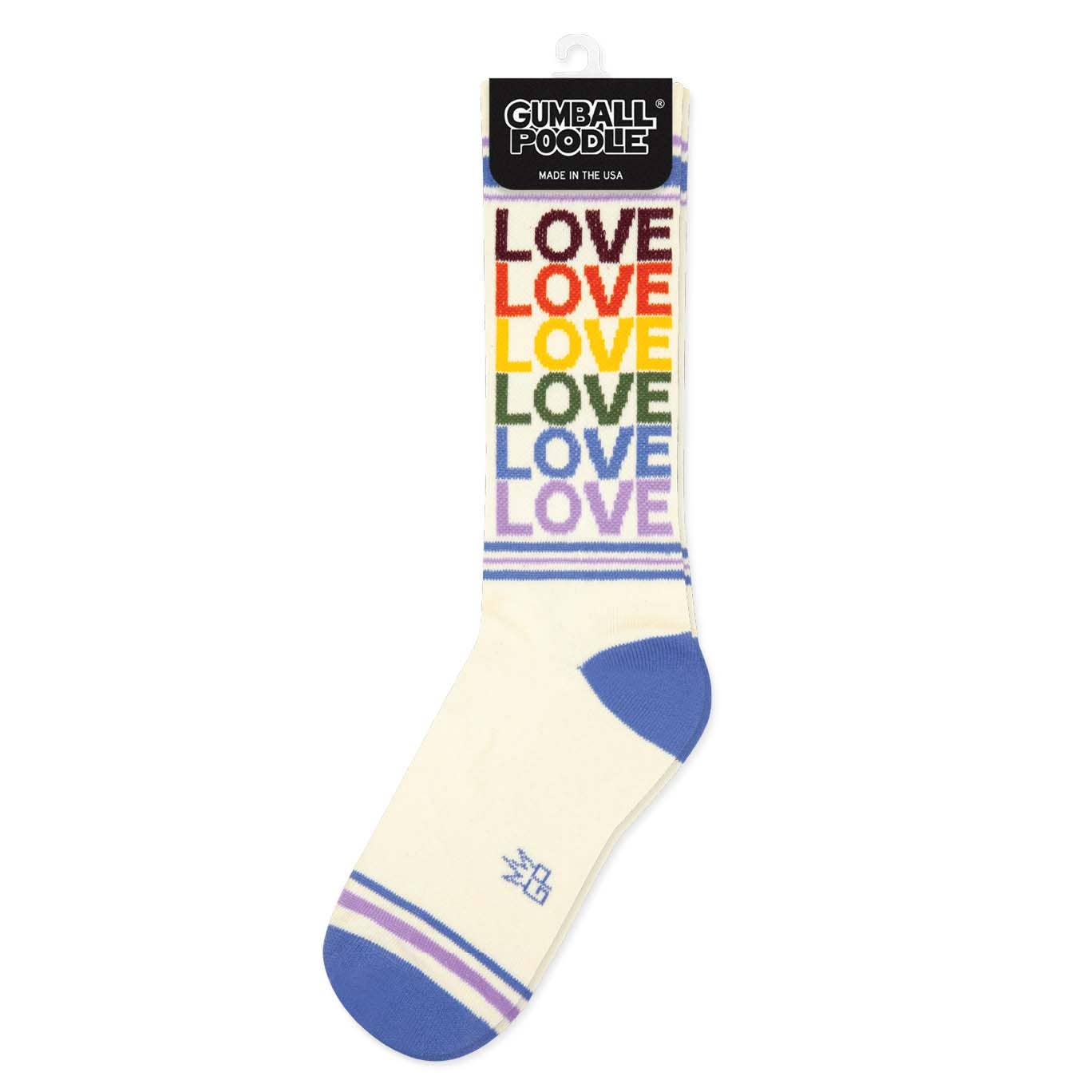 Sock with 'LOVE' in rainbow colors and Gumball Poodle branding on a white background